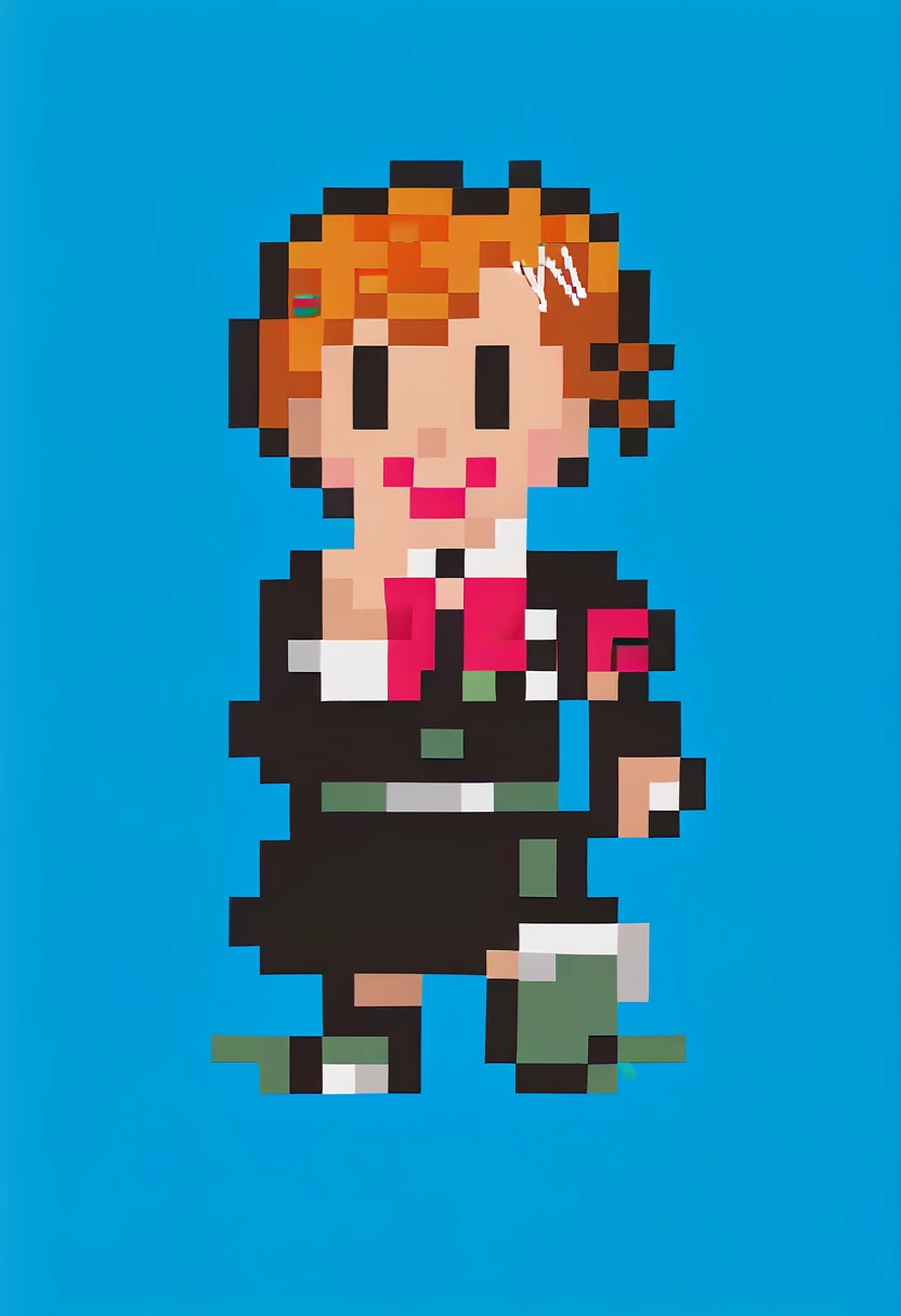 score_9, score_8_up, score_7_up, source_anime, 1girl, smile, <lora:EarthboundSpriteStyle-pdxl:1> pixel art, full body, standing, chibi, looking at viewer, blue background, <lora:persona3_shiomi_ponyXL:1> shiomi kotone, hairclip, gekkoukan high school uniform, black jacket, red bow, armband, long sleeves, black skirt