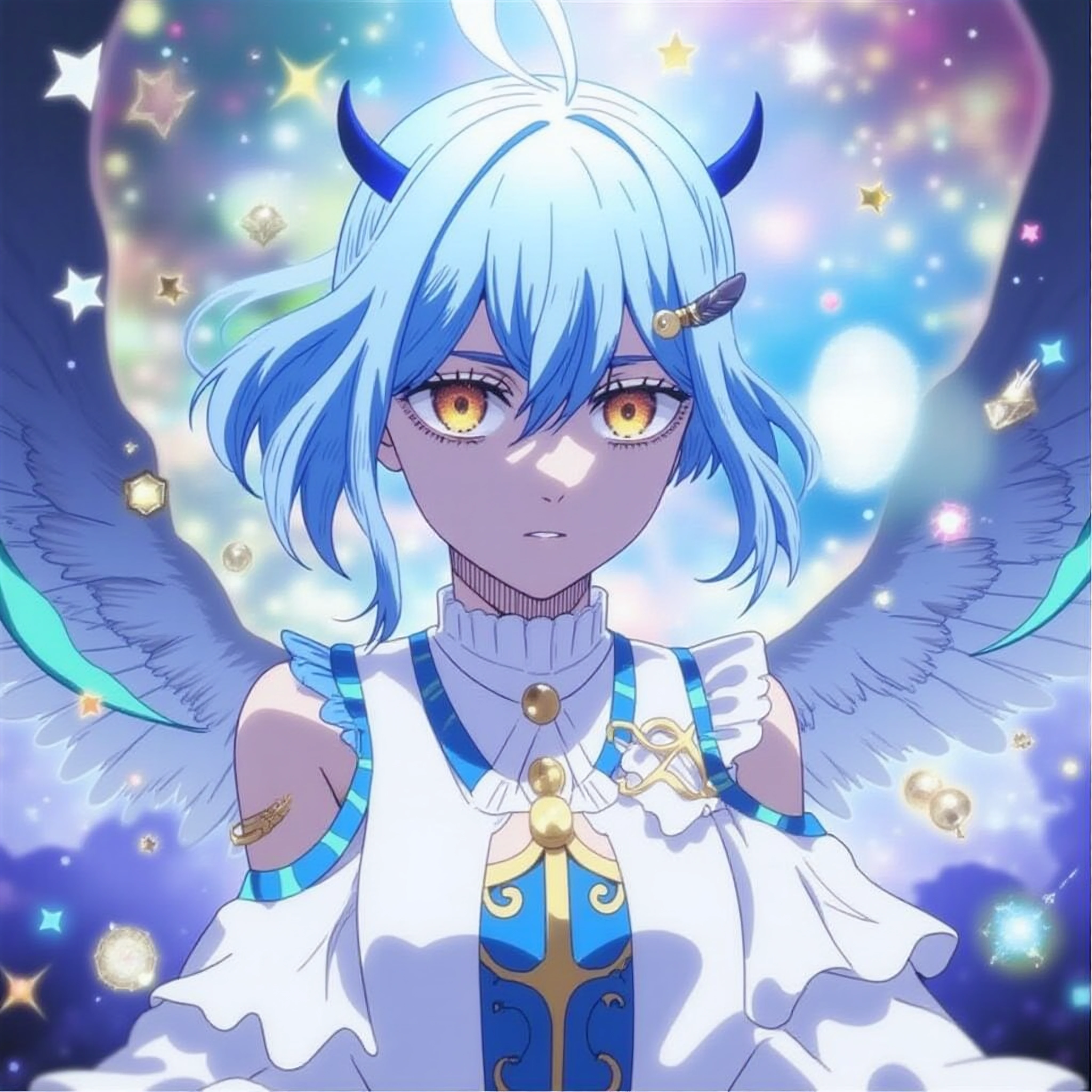 Create an image of Secre Swallowtail from the anime Black Clover. Secre is a character with a unique and mysterious aura. She has long, sky-blue hair styled into two twin tails and a feathered hairpin on one side. Her eyes are a striking amber color, reflecting her sharp intelligence and hidden depth. Secre wears a white, high-collared, and elegant dress adorned with blue and gold accents, fitting her status as a high-ranking magic user. Include a pair of large, white wings on her back that have intricate feather details.

In the background, depict a magical, ethereal setting reminiscent of the mystical space within a grimoire. The scene should have a shimmering, celestial quality, with floating magical symbols and a soft, otherworldly glow that highlights Secre’s grace and the enigmatic nature of her character. Emphasize her contemplative expression, as she is often deep in thought, and add a hint of her magic energy subtly surrounding her, showcasing her formidable power and the hidden aspects of her story.