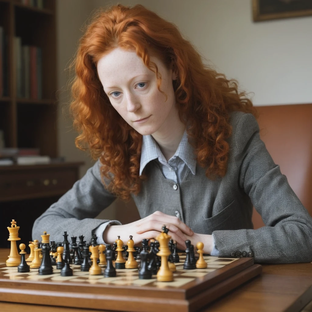 a professional absurdres sharp focus intricately detailed photograph of a beautiful 25-year-old (Geraldine_Somerville:1.1)
 playing tackle chess with tiny robots,
 <lora:Geraldine_Somerville-SDXLe12:0.8>