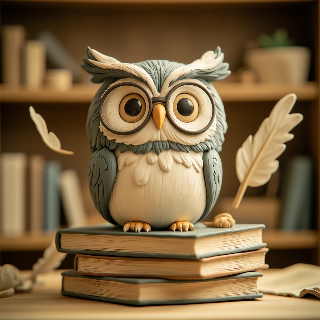 Juaner_clay,
A wise old owl with spectacles, perched on a stack of ancient tomes, surrounded by floating scrolls and quills in a cozy study lined with bookshelves.