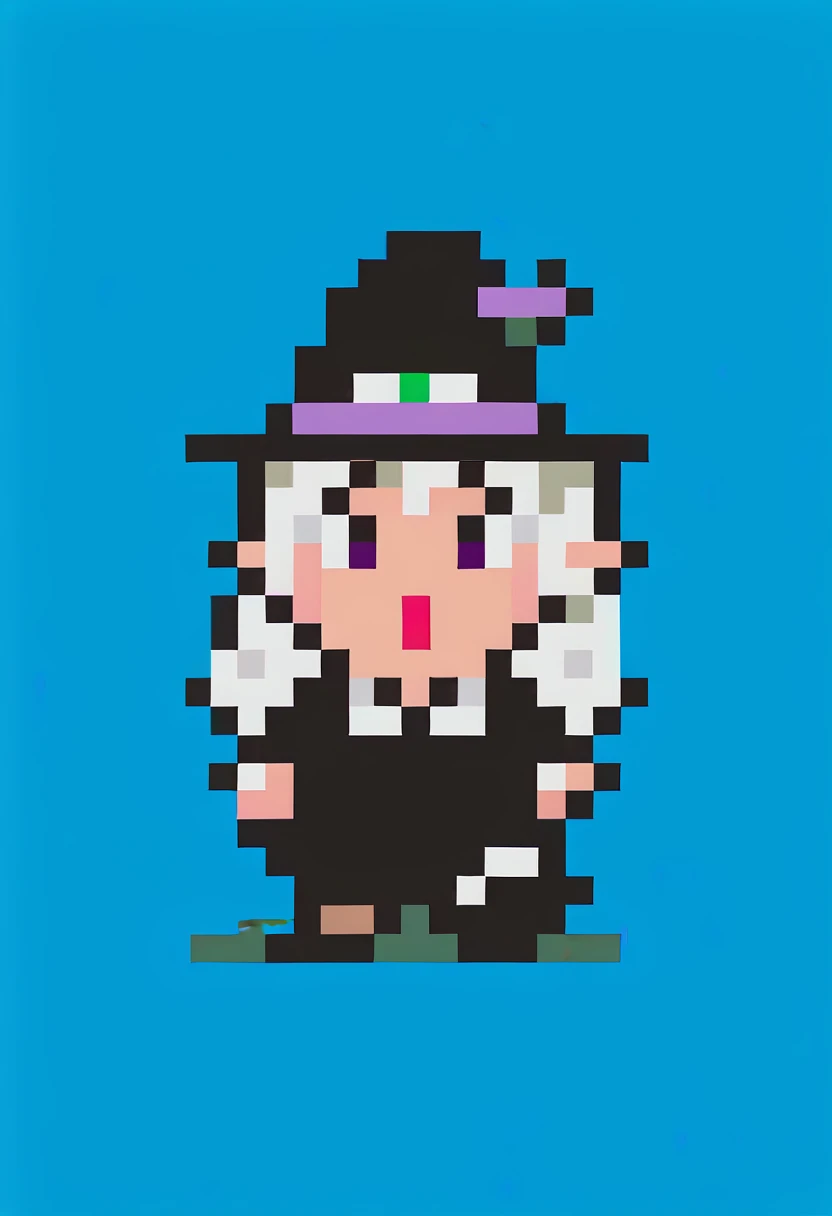 score_9, score_8_up, score_7_up, source_anime, 1girl, open mouth, surprised, <lora:EarthboundSpriteStyle-pdxl:1> pixel art, full body, standing, chibi, looking at viewer, blue background, long hair, white hair, witch hat, black dress, short sleeves, pointy ears, purple eyes, black footwear