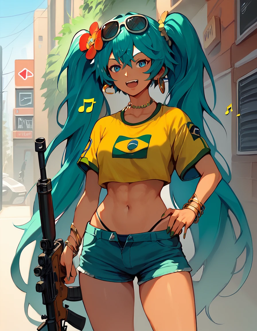 score_9, score_8_up, score_7_up, hatsune, yellow shirt, brazilian flag, short shorts, solo, rifle, street, music note