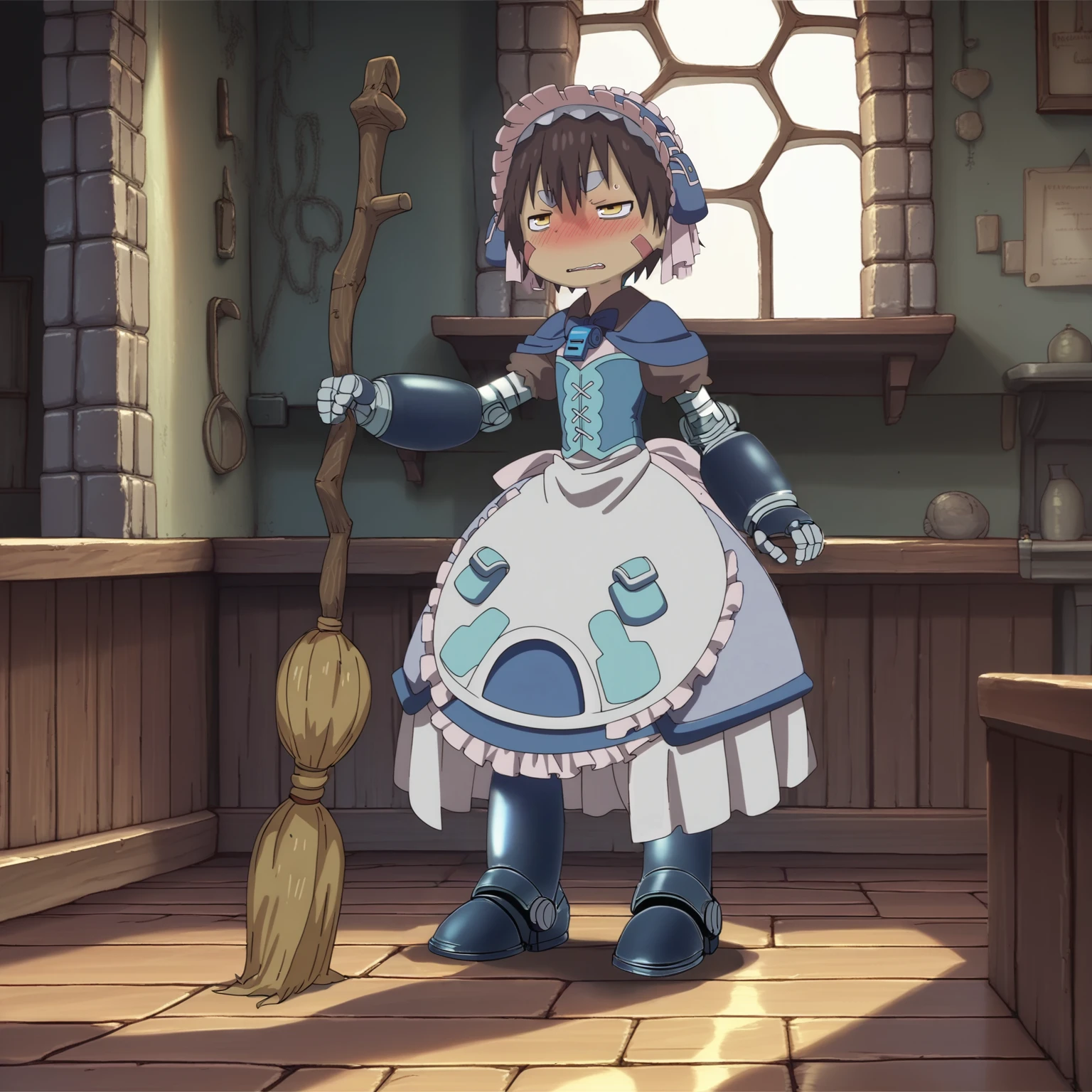 score_9, score_8_up, score_7_up, score_6_up, score_5_up, score_4_up, source_anime, full-length portrait BREAK
mregu, solo, cyborg, cybernetic limbs, male, maid outfit, maid hat, maid shoes, wall desk, stone window, crooked broom, holding broom, narrowed eyes, embarrassed, annoyed, wooden floor, detailed background, dynamic, intricate <lora:Made In Abyss - CharactersXL v0.6b-000005:1> <lora:zy_Detailed_Backgrounds_v1:0.75>