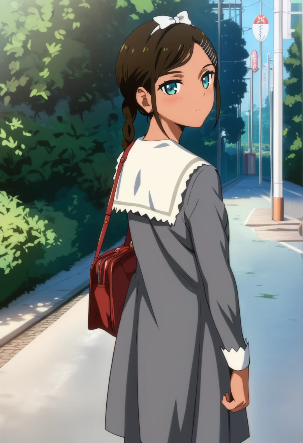 <lora:aonuma_neiru_ponyxl_lora_v1:1>, aonuma neiru, side braid, hairpin, white bow hairband, hairpin,
grey dress, collared dress, long sleeves, red bag, shoulder bag,
from behind, looking back, looking at viewer,
sidewalk, tree, bush, road sign,
score_9, score_8_up, score_7_up, score_6_up, anime, (hara \(harayutaka\):0.5), (m-da s-tarou, asou \(asabu202\):0.5), high quality, detailed, beautiful, shiny, outstanding, countershading, detailed soft lighting