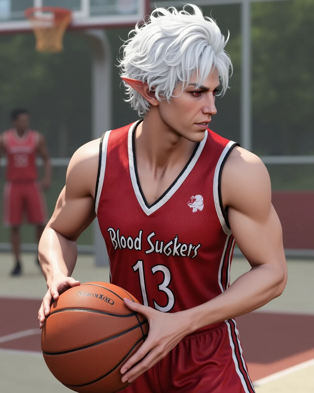 <lora:Astarion_Baldurs_Gate_3-000016:1>, BG3_Astarion playing basketball, white hair, red eyes, basketball jersey that says "blood suckers" on the front, basketball court background, photorealistic