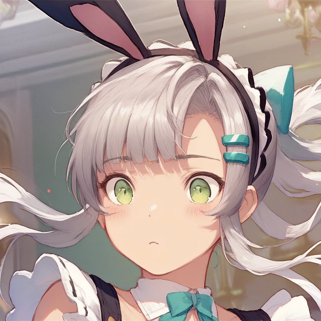 score_9, score_8_up, score_7_up,source_anime,1girl,upper body focus,Rosa(Otogi_Frontier),gray hair,maid costume,rabbit ear hairband,hair clip,green eyes,best quality:1.1,official art:1.3