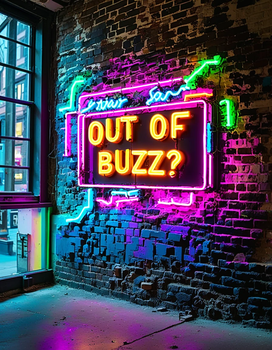 brick wall with neon sign with words "out of buzz?" <lora:buzz-text:.8>