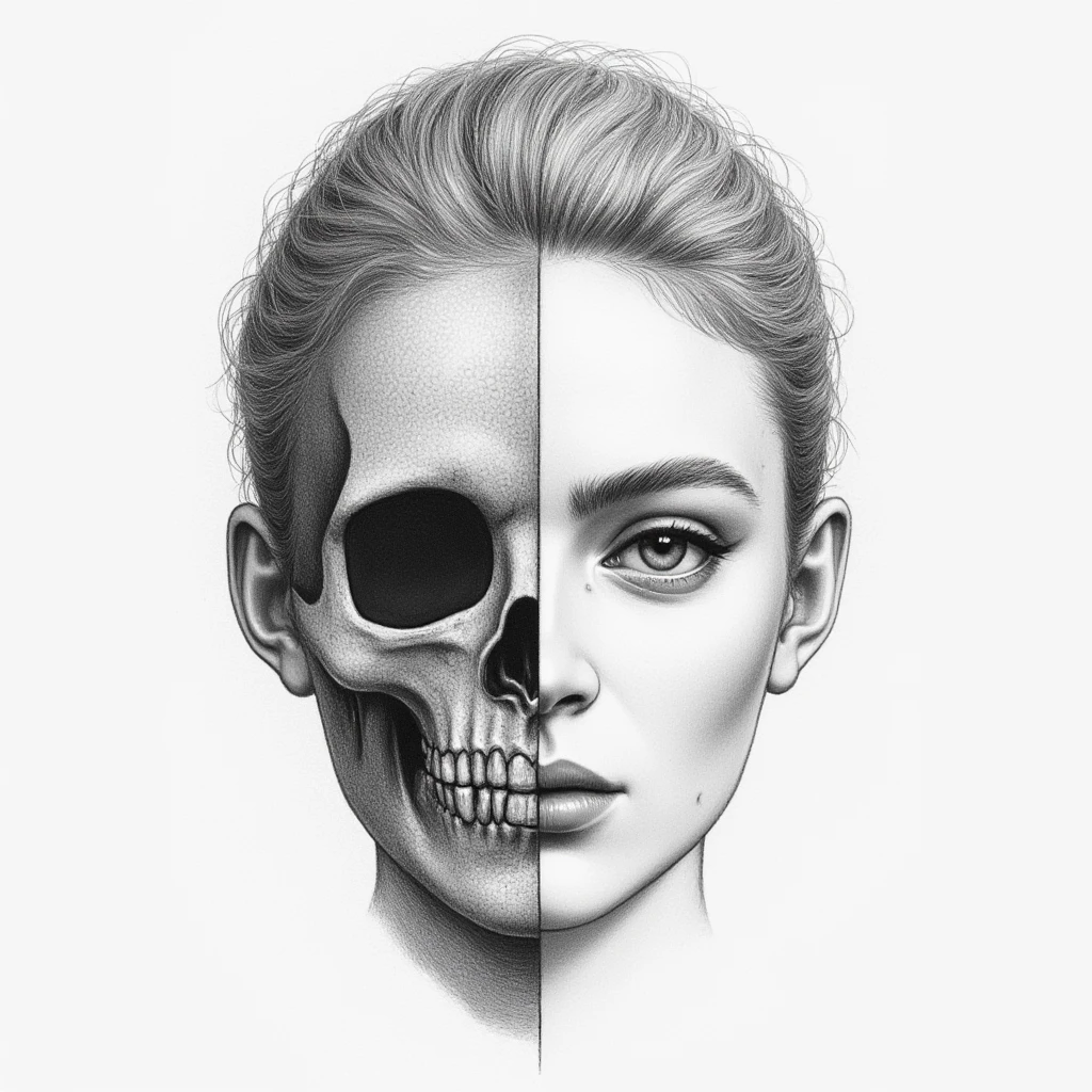 Detailed realistic drawing of the face of a woman facing the viewer but the left half of her face is skull while the right side of her face is normal. She has no hair on the left side of her face only a skull and also her eye-socket is hollow on the left side. <lora:Sadie_Sink_FLUX_v1_r1-000052:0.9>
