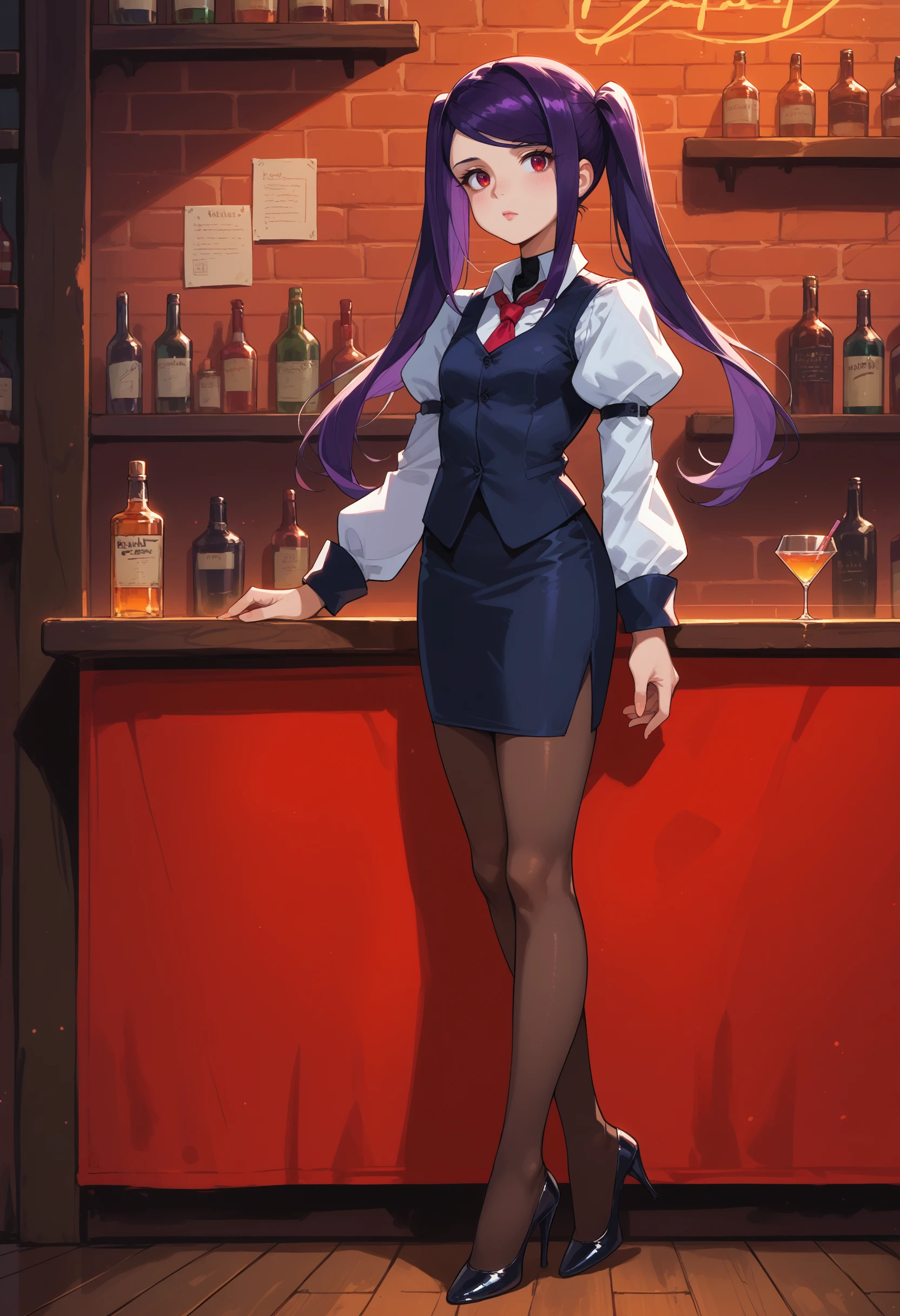 score_9, score_8_up, score_7_up, source_anime, <lora:wrenchJillStingrayVallhallaMulti-000009:1>, defjill, long hair, twintails, purple hair, red eyes, sidelocks, swept bangs, 
white shirt, vest, pencil skirt, pantyhose, collared shirt, red necktie, puffy sleeves, juliet sleeves, long sleeves, standing, full body, high heels, bar,