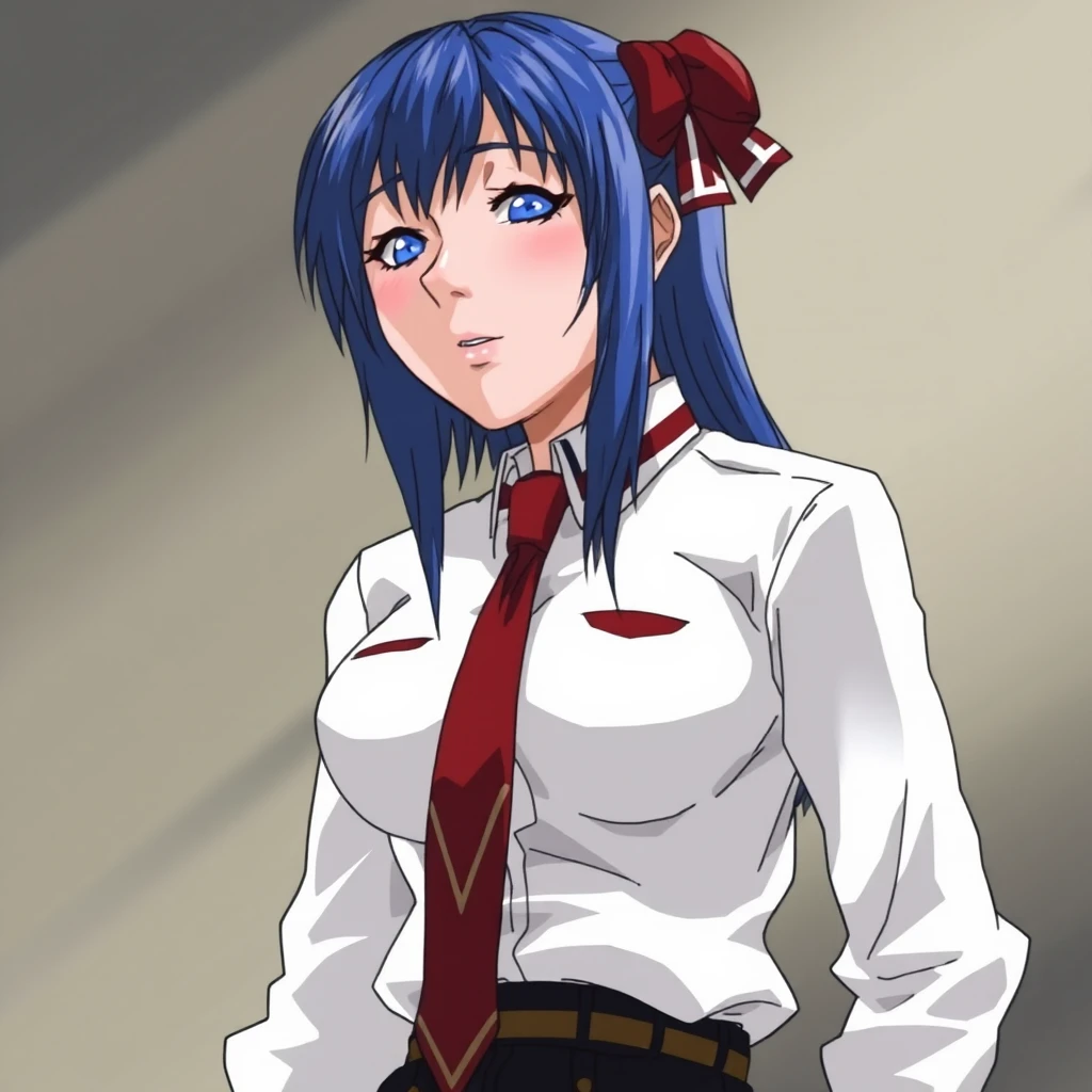 B1bl3_Bl4ck, a woman with blue hair and wearing a red necktie, a white shirt 