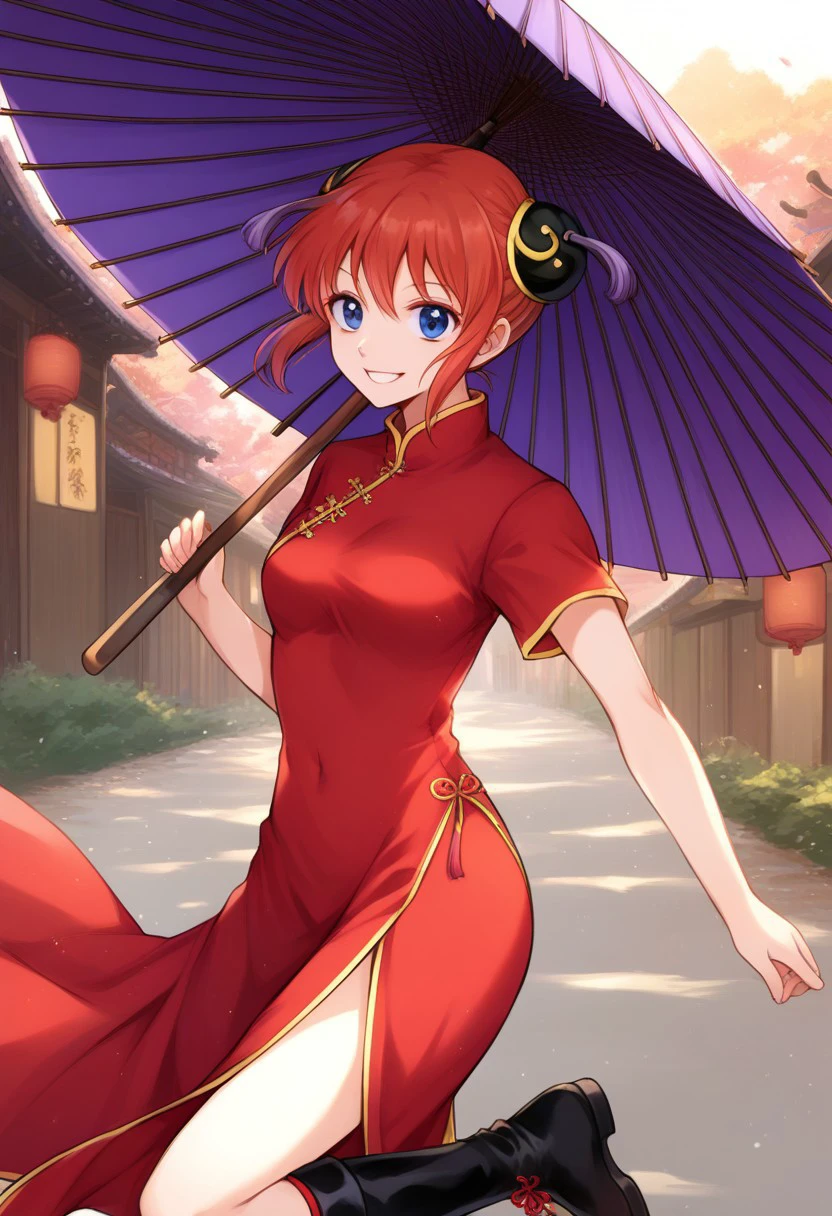 score_9, score_8_up, score_7_up, rating_safe BREAK 1girl, solo, cute, kagura_gintama, red chinese dress, , short sleeves, long dress, side slits, ankle boots, purple holding oil-paper umbrella, (closed umbrella) confident, standing, contrapposto, smile, old Japanese village, dirt road, dynamic pose,