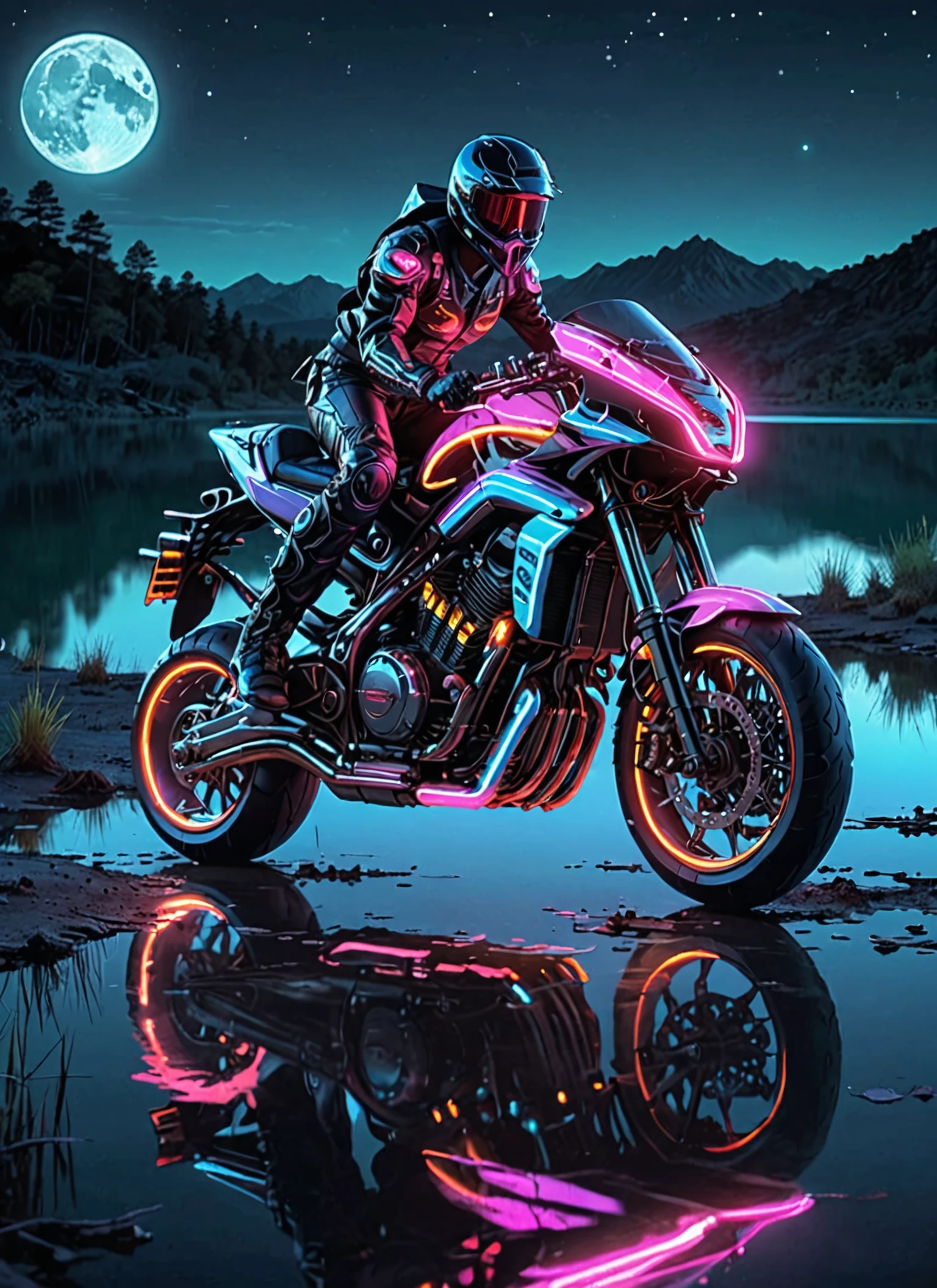 ftsbk motorbike neon, feeling of speed, reflection, full body view, Moonlit Lakes background <lora:Futuristic Superbike XL:1>