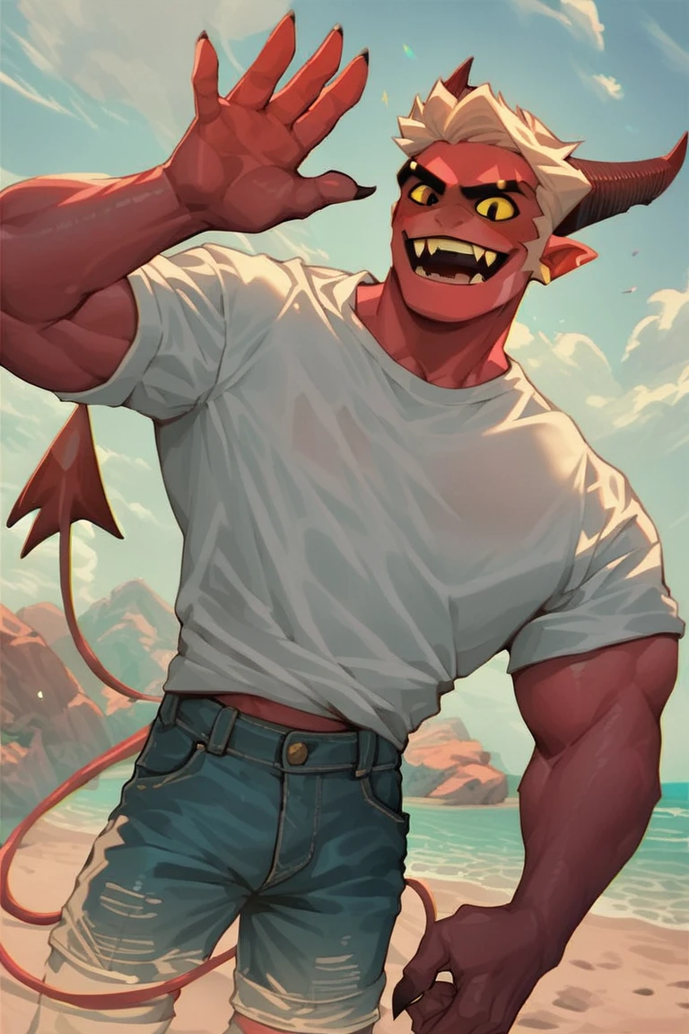 score_9, score_8_up, score_7_up, score_6_up, source_anime, solo, digital art, Jesse, demon, imp, red skin, muscular male, bright sky, bright colors sunny sand beach, hot summer day, detailed background, wearing a tropic shirt, waving hand, happy