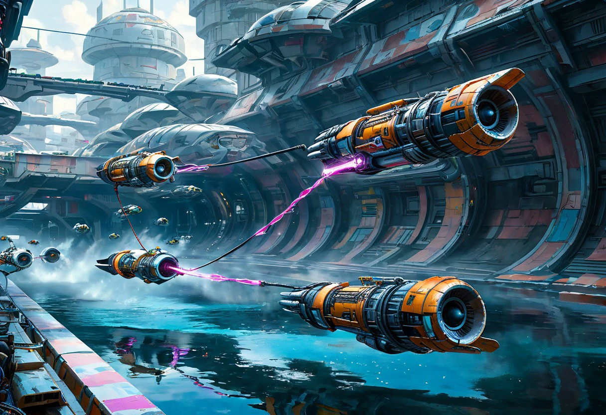 podracing, cyberpunk, best quality, highly detailed, water background, futuristic, complex,