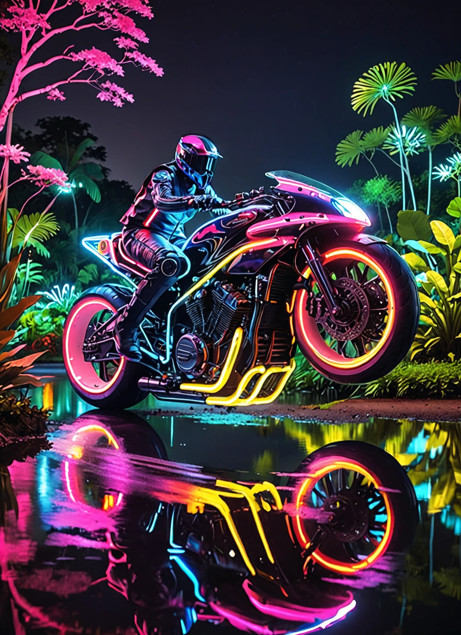 ftsbk motorbike neon, feeling of speed, reflection, full body view, Botanical Gardens background <lora:Futuristic Superbike XL:1>