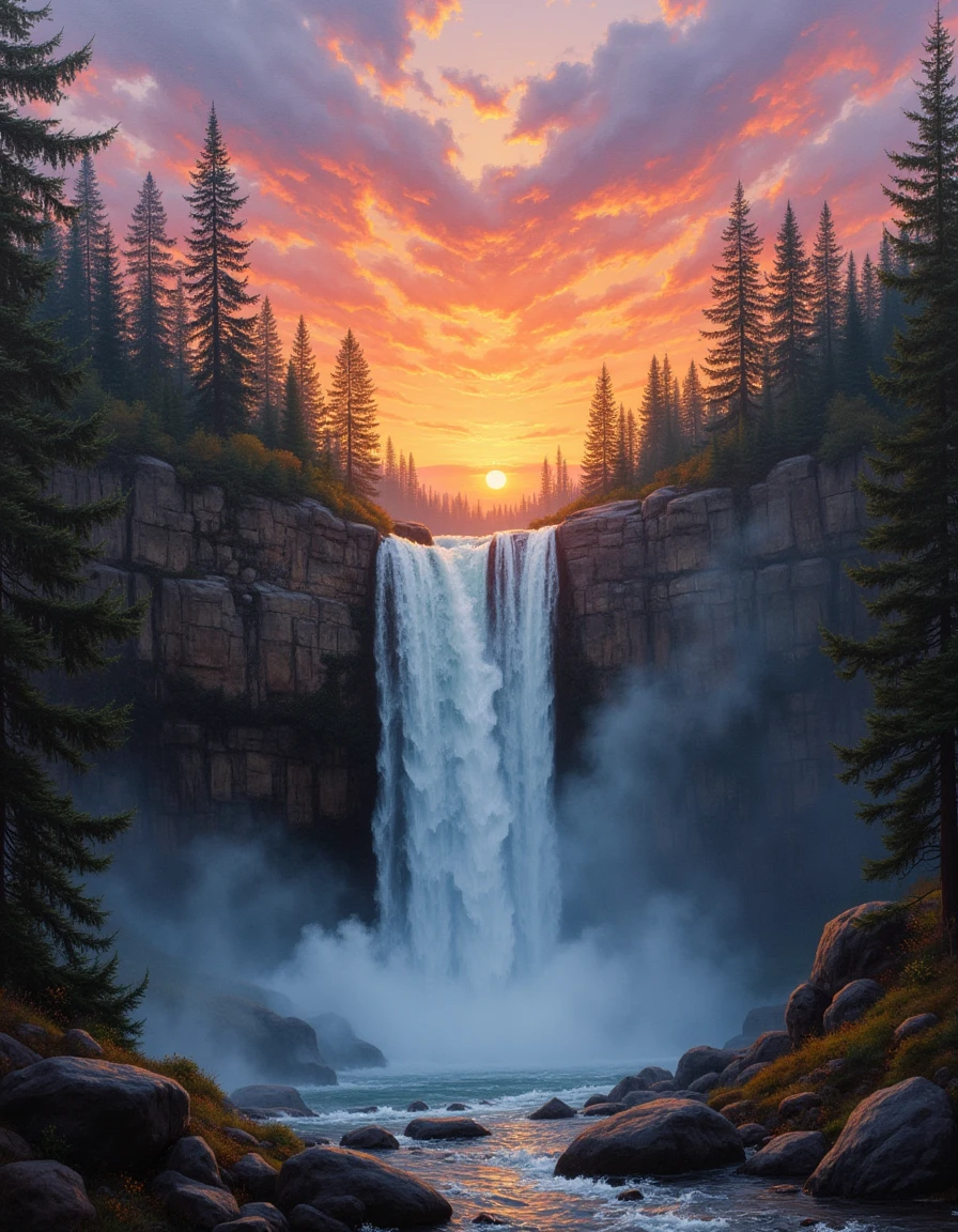 An atmospheric painting of a a waterfall at sunrise