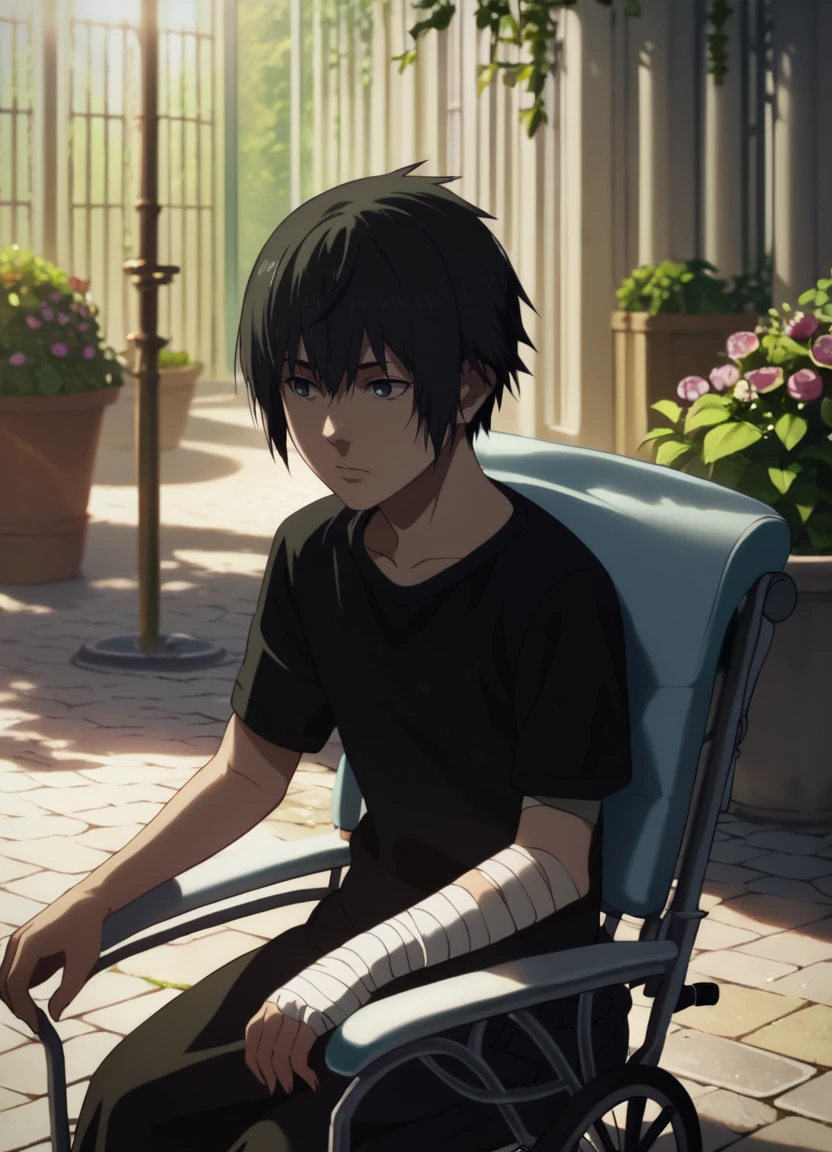 (score_9, score_8_up:1.1), score_7_up, official art, official wallpaper, <lora:Noctis_BH_(PonyXL):1>  noctisyoung, black shirt, garden, upper body, wheelchair, bandages, sitting