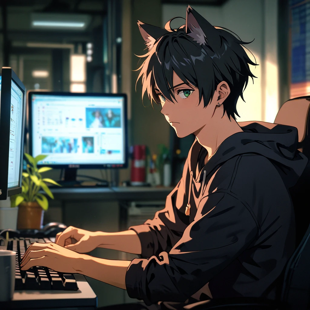 man, apparently 23 years old, medium black hair, black cat ears, black cat tail, wears comfortable clothes, suspicious look, green eyes, fair skin, defined body, wide chest, body hair, stubble