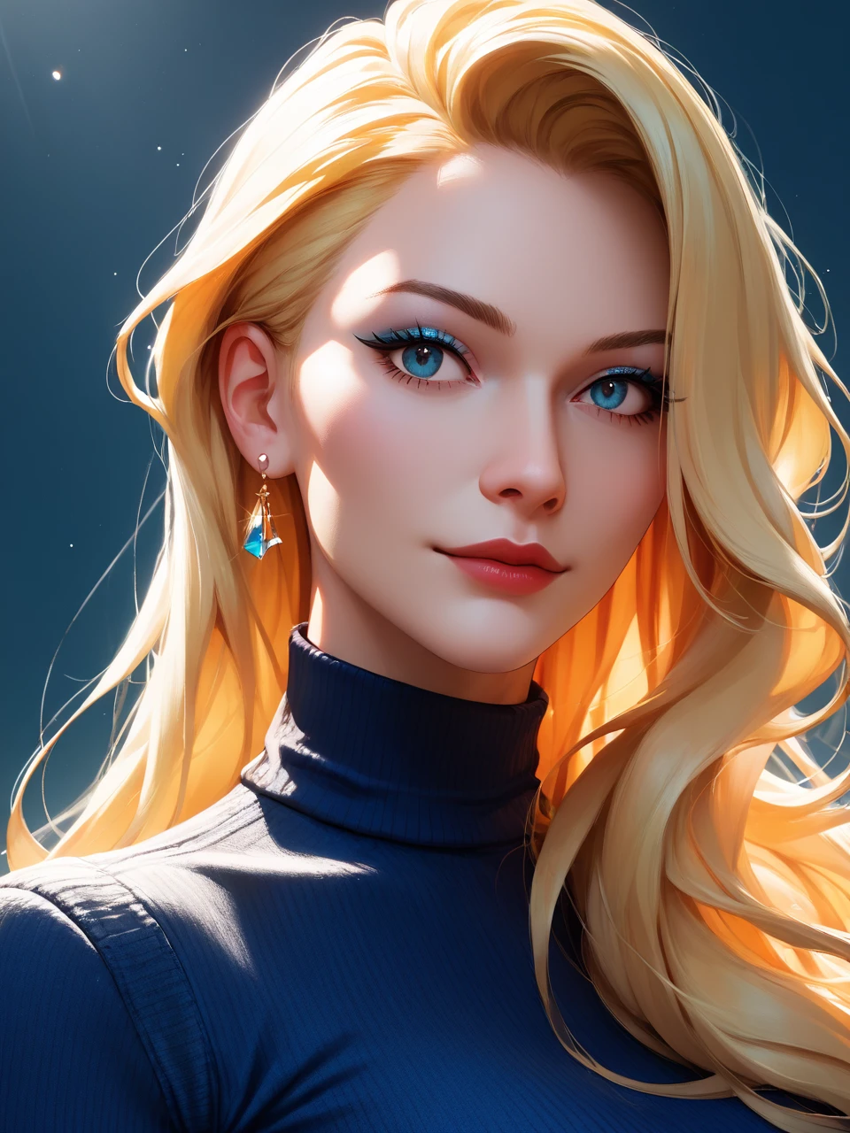 score_9,score_8_up,score_7_up,1girl,solo,
A portrait of a confident young woman with flowing golden hair and striking features. She's wearing a form-fitting navy turtleneck that accentuates her silhouette,paired with classic blue jeans. Her posture is poised and graceful,with one hand gently resting on her hip. The soft lighting highlights her facial structure and the smooth texture of her hair,creating an image that's both vibrant and stylish.,