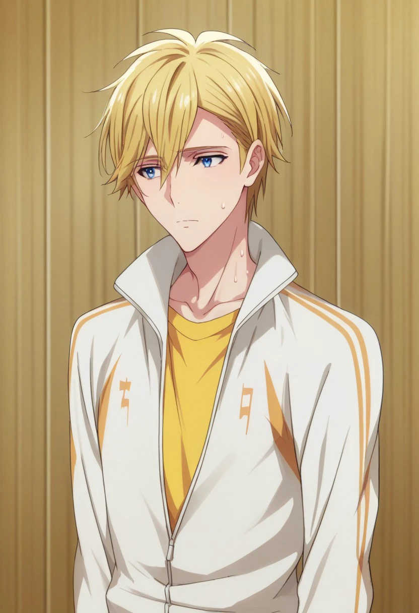 score_9, score_8_up, score_7_up, source_anime, highly detailed,    
nagirokuya, 1boy, solo, male focus, blonde hair, blue eyes, jacket, track jacket, long sleeves, yellow t-shirt, upper body, sweating, tired,
indoor, stage