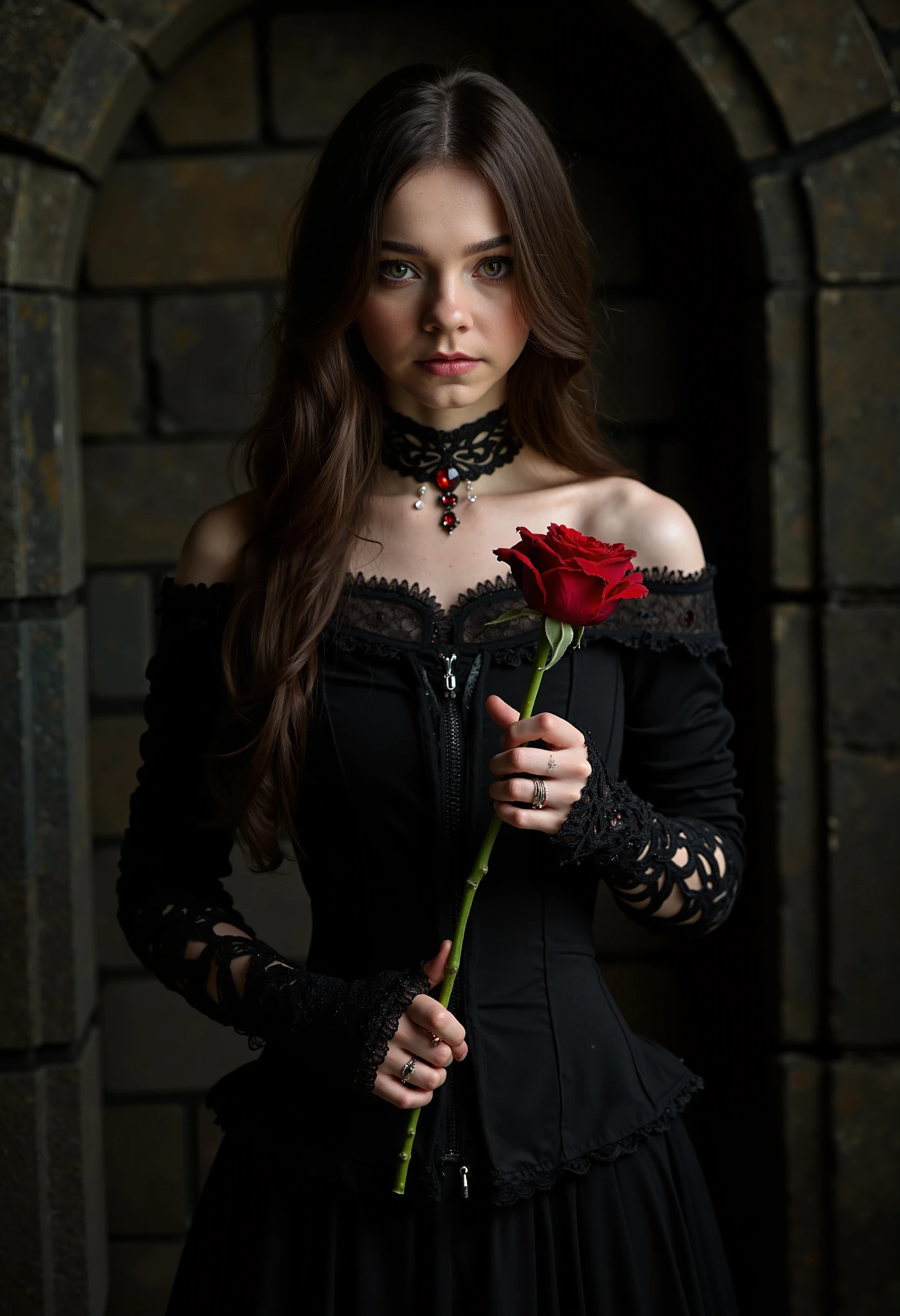 In this professional studio headshot, a young woman emmamyers stands with a proud yet somber demeanor, illuminated by a hard studio light that casts sharp, defined shadows, emphasizing the high-quality, dramatic nature of the shot. The intense lighting brings out every detail of her elegant gothic attire, adding a striking contrast to the scene. Her long, dark brown hair flows down her back in soft, natural waves, slightly tousled, giving her an intriguing mix of strength and vulnerability. The hard light accentuates her striking features, with smokey eye makeup deepening the shadows around her expressive brown eyes, giving her a haunting, enigmatic gaze. She is dressed in a tight black corset top that cinches at her waist, accentuating her petite frame and standing out sharply against her pale skin. The intricate lace detailing on the corset is highlighted by the studio light, adding texture and sophistication to her gothic ensemble. Her skirt is long and flowing, composed of layered black fabric that drapes down to the floor, with the light capturing the depth and texture of the dark material. Around her neck, she wears a black choker necklace, intricately designed with red gemstones that glint under the studio light, adding a subtle yet vibrant touch to her otherwise dark attire. Her expression is serious and introspective, her eyes cast downward in a contemplative gaze, as if lost in thought. In her hands, she holds a single, velvety red rose, its delicate petals starkly contrasting with her gothic outfit. The rose, captured in the bright studio light, stands out as a vivid symbol of both beauty and fragility. The backdrop is a dark, richly textured stone wall, its surface sharply defined by the studio lighting. The hard light highlights the contours of the stone, creating pronounced shadows that add depth and intensity to the scene. The overall ambiance is dramatic and high-contrast, with the woman embodying a sense of haunting elegance and introspection
