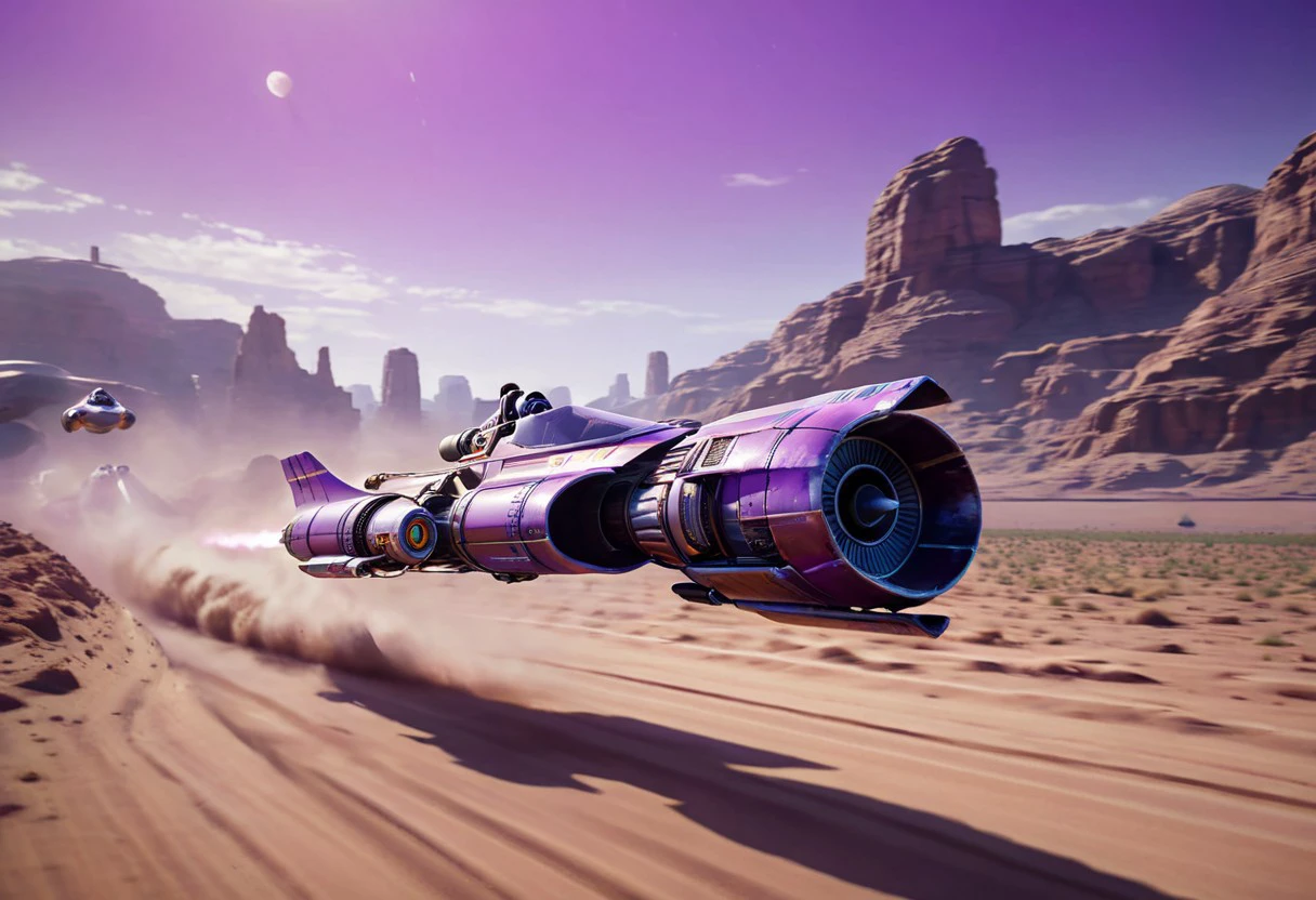 analog gloomy photo of a podracing, racing down a  desert, outrun, purple sky, High Detail, Sharp focus, ((photorealism)), realistic, best quality, 8k, award winning, dramatic lighting, epic, cinematic, masterpiece, podracing, cyberpunk, best quality, highly detailed, water background, futuristic, complex,