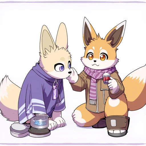 hands on another's face, ears down, from side, holding weapon, arms at sides, condom, squatting, snout, plush, cup, animal ears, purple jacket, border, short hair, weapon, scarf, ^ ^, fox tail, happy, teeth, boots