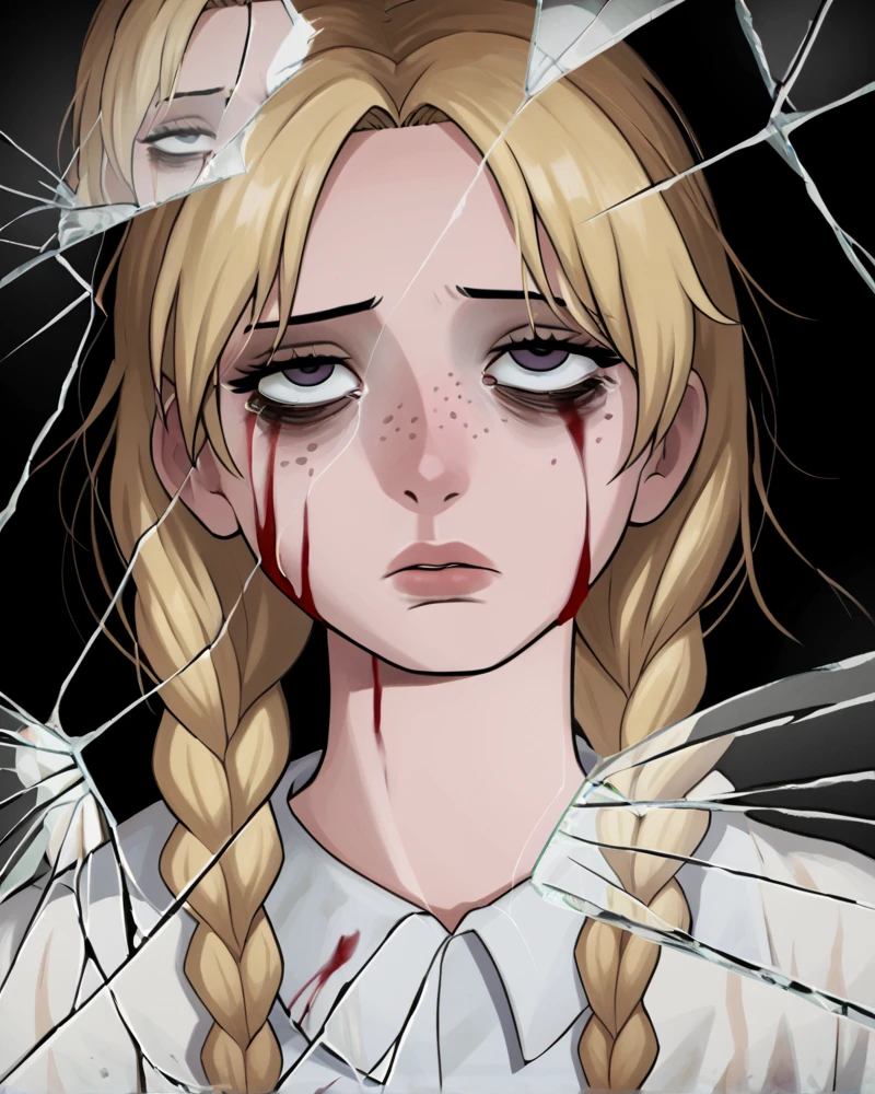 <lora:Broken_Glass_FORPONY:1> Broken glass, dark theme, 1girl, moody, bags under eyes, blonde braids, freckles, depressed, blood, scars, sad, lips, charming eyes, small tears