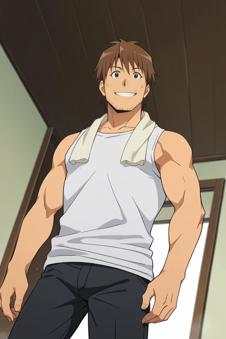 score_9, score_8_up, score_7_up, score_6_up, perfect anatomy, perfect proportions, best quality, masterpiece, high_resolution, high quality, aesthetic, absurdres, (male focus), solo male, adult, mature, masculine, manly, handsome, charming, alluring, source_anime \(Silver Spoon\), anime coloring \(Silver Spoon\), Shingo Hachiken\(Silver Spoon\), SSShingo, brown hair, short hair, black eyes, facial hair, stubble, SSShingo_outfit02, white tank-top, towel around neck, white towel, black pants, smile, low angle, from below, indoors, sliding shoji doors<lora:EMS-470492-EMS:0.800000>