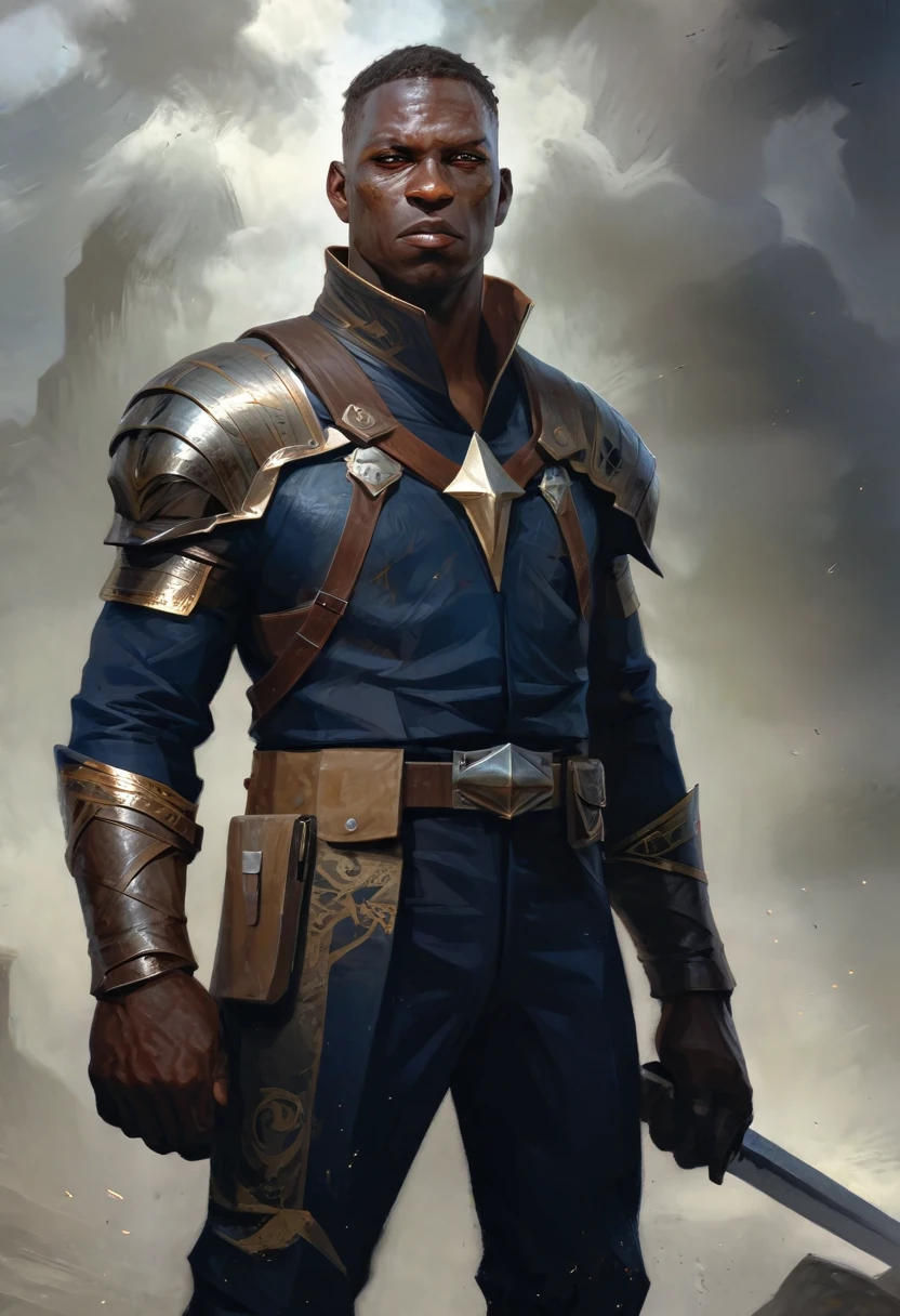 D_Hstyle ,high fantasy illustration, front view shot of a dark-skinned man looking up in battle-worn armor