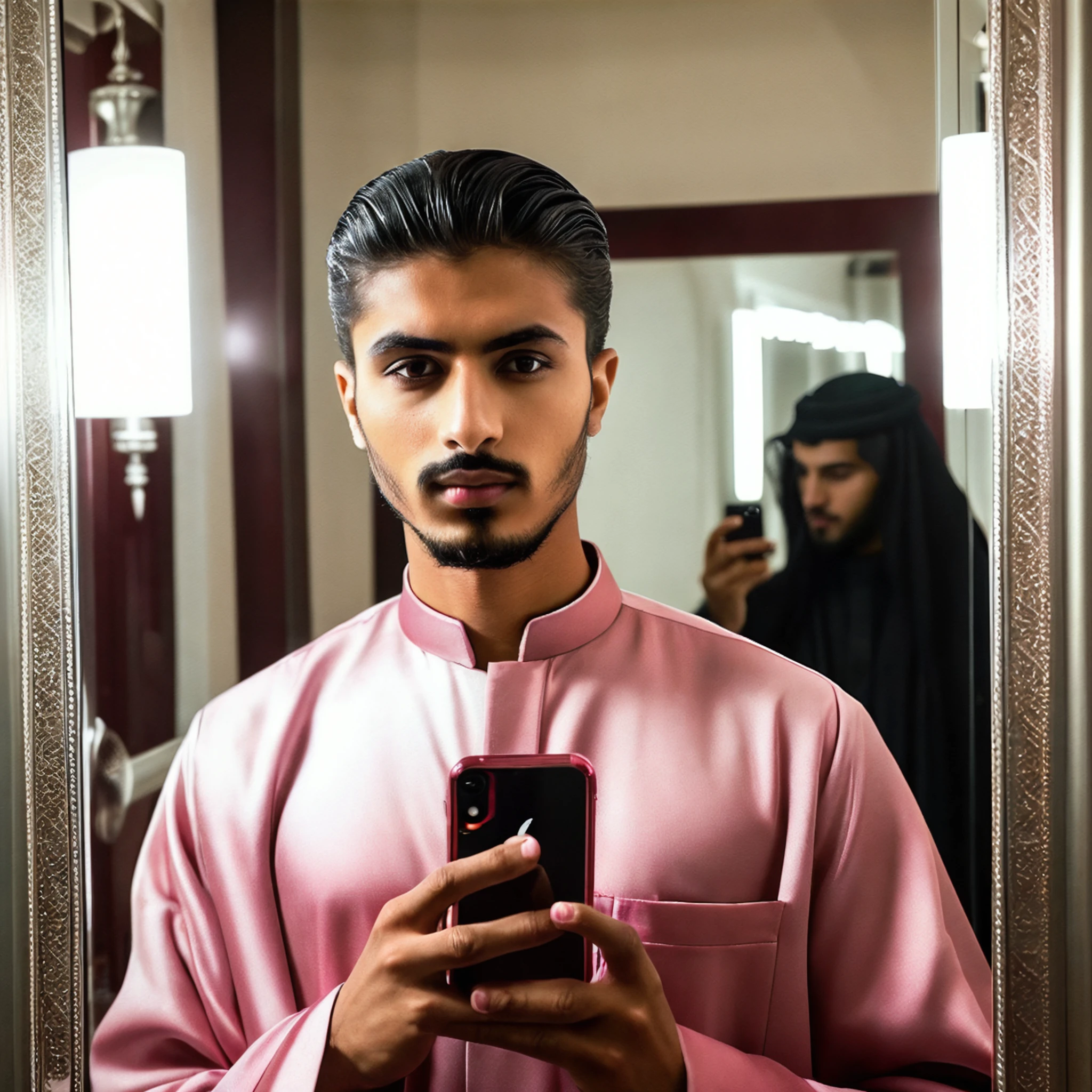  a man in a mirror, taking a selfie with a smartphone ,He is wearing a traditional outfit, and there is another man in the background, also wearing a traditional outfit, looking at his phone,