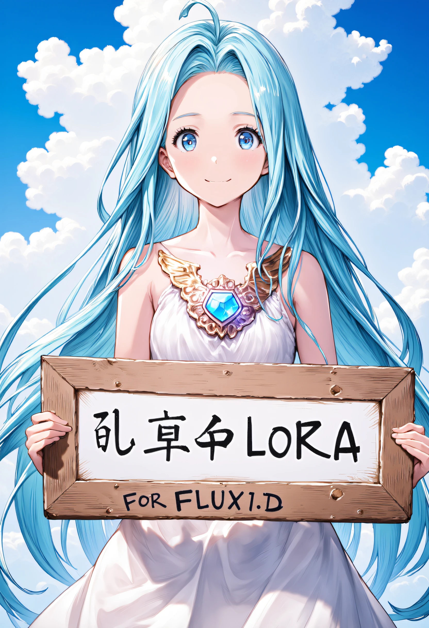 masterpiece, best quality, ultra detailed, award-winning Japanese art of a girl named Lyria (Granblue Fantasy) with bright blue eyes,very long hair, blue hair, ahoge, parted bungs, and white cami-dress. She is very cute and skinny with small breasts.She is holding a sign that says "Lyria LoRA for FLUX1.D" and smiling looking at viewer under the blue cloudy sky.She has blue gem on her chest and bridal gauntlets.