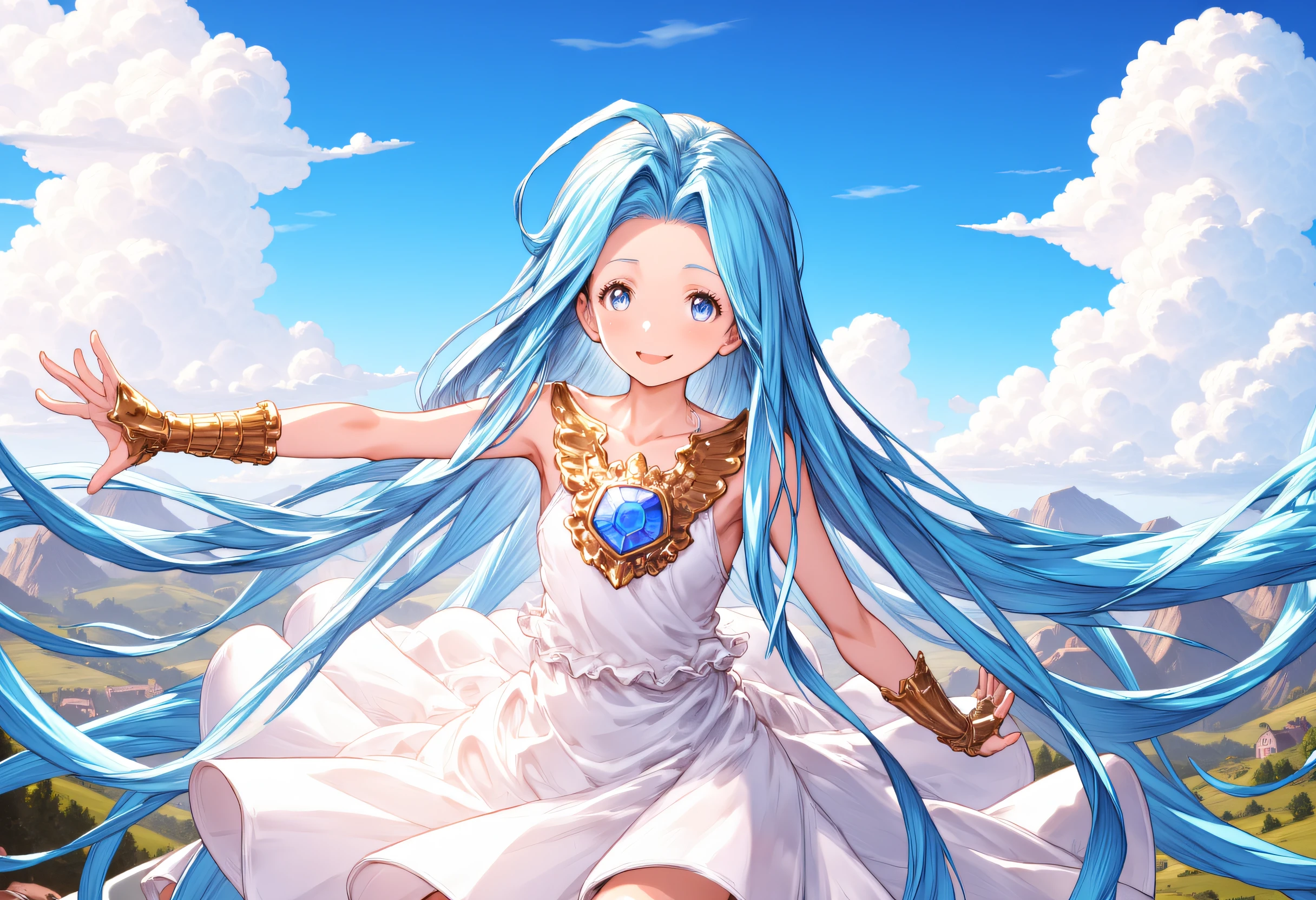 masterpiece, best quality, ultra detailed, award-winning Japanese art of a girl named Lyria (Granblue Fantasy) with bright blue eyes,very long hair, blue hair, ahoge, parted bungs, white cami-dress, and looking at viewer. She is very cute and skinny with small breasts.She is dancing with her outstreched arms and smiling under the blue cloudy sky looking at viewer.She has blue gem on her chest and bridal gauntlets.scenary and beautiful landscape.