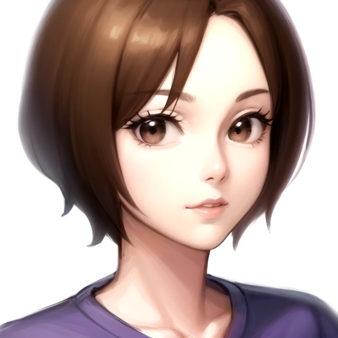 extreme close-up, portrait, <lora:harukaHikari(MMBN):0.8> haruka_hikari, mature female, brown hair, brown eyes, short hair, purple shirt, looking at viewer, best quality, ultra high res