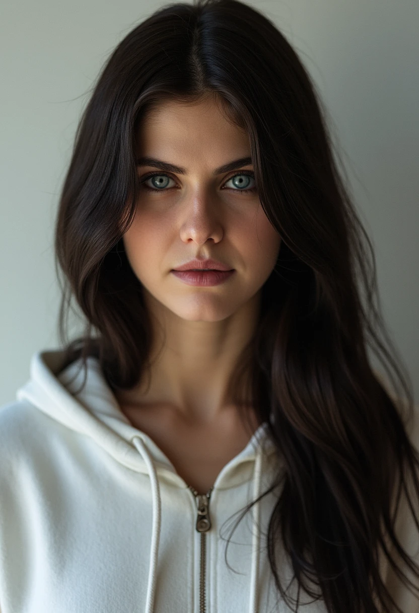 hyperrealistic photo of (alexandra daddario with long black hair) wearing a white hoodie captured with a Canon EOS 90D in stunning high resolution, by Greg Rutkowski
