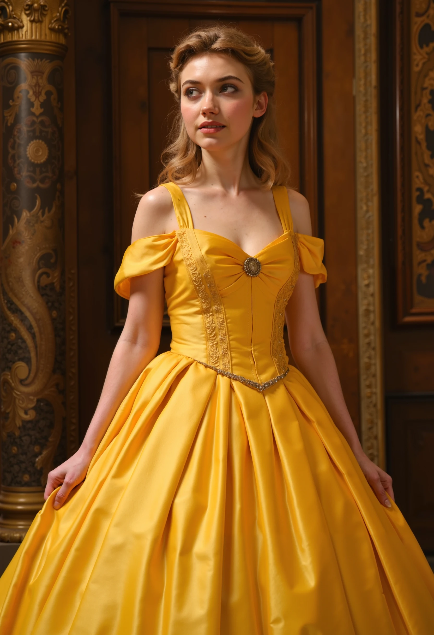 imogenpoots wearing the yellow dress from beauty and the beast