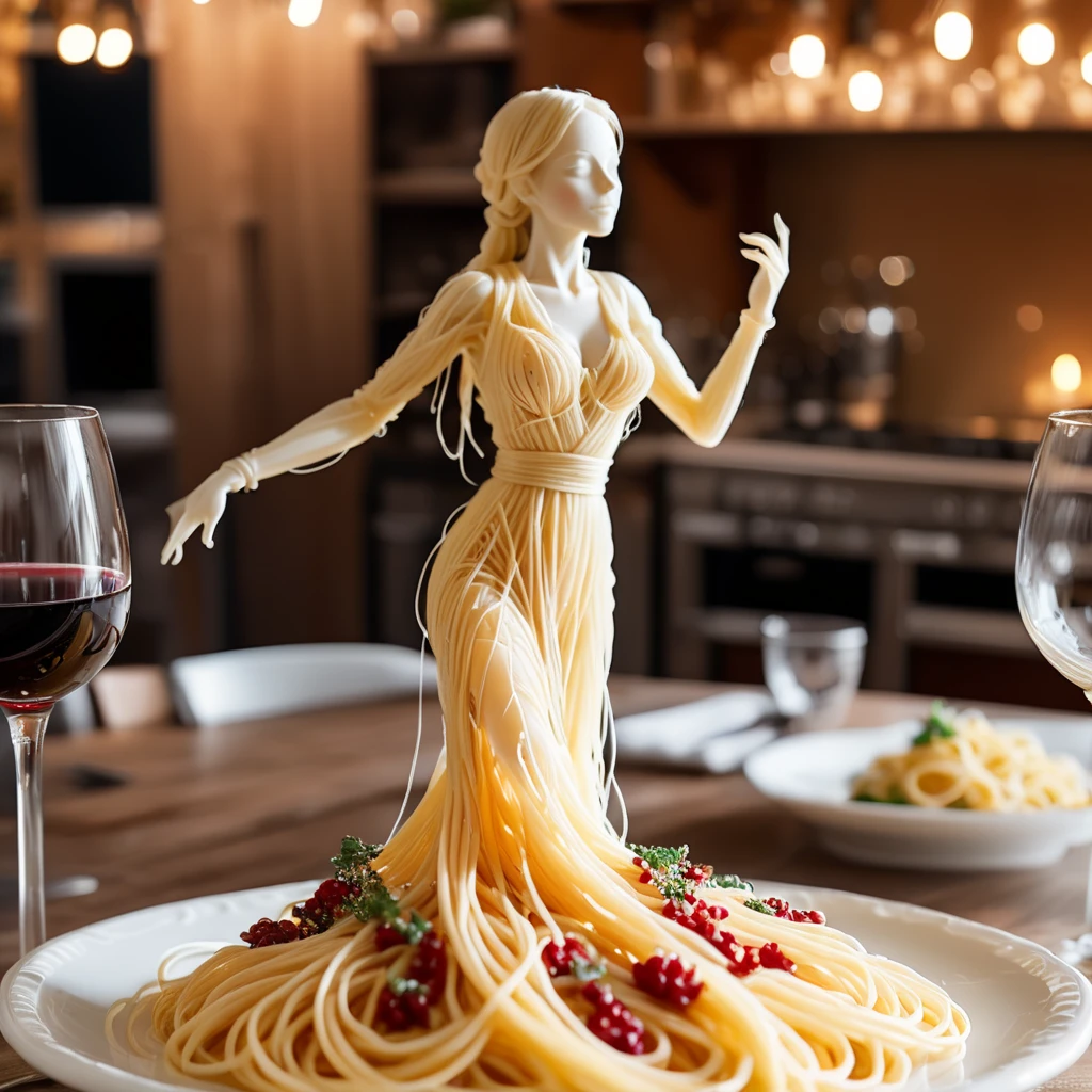 Create a whimsical and artistic scene featuring a single human-like figure made entirely of spaghetti, This figure should appear to be dancing gracefully on a plate, The background should depict a cozy kitchen setting with warm, ambient lighting, creating a romantic and intimate atmospher, Include elements such as a glass of red wine and a beautifully set table to enhance the mood, 4k


