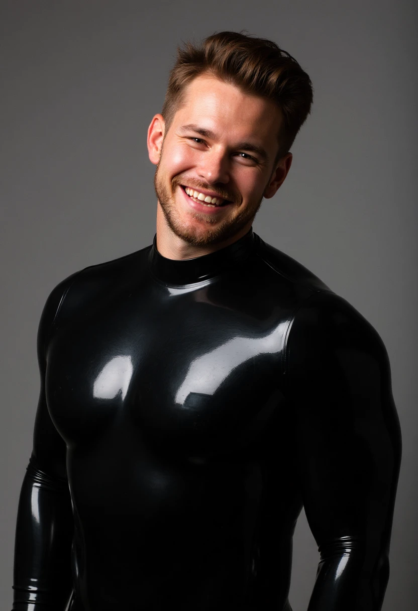 a man with short cropped brown hair wearing a black shiny latex catsuit grinning