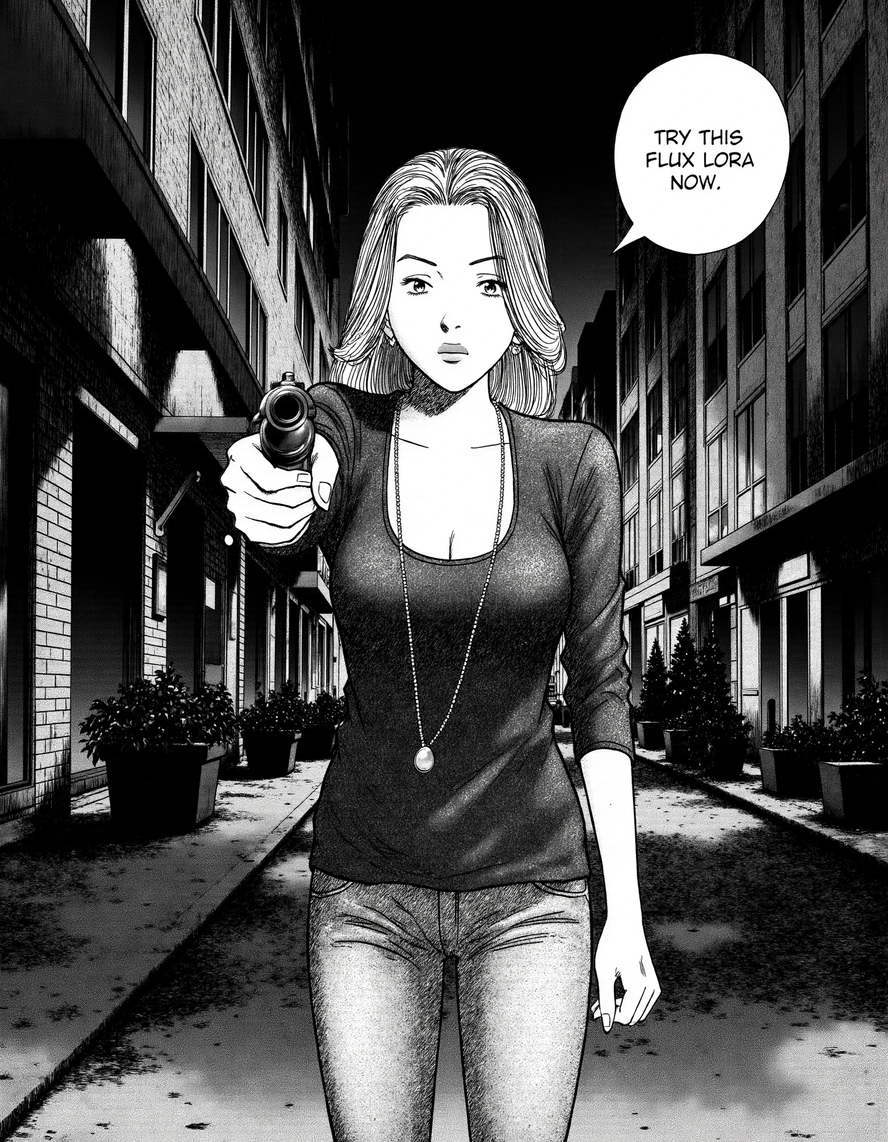 a naoUrasawa style image of a girl standing on a street at night. She is pointing a glock 19 at the camera. She is wearing a dark top with a cleavage, a jeans and a necklace. She has long hair,  and a serious expression on her face. There is a bubble with the text "Try this flux lora now." next to her head.     <lora:naoUrasawa:1>