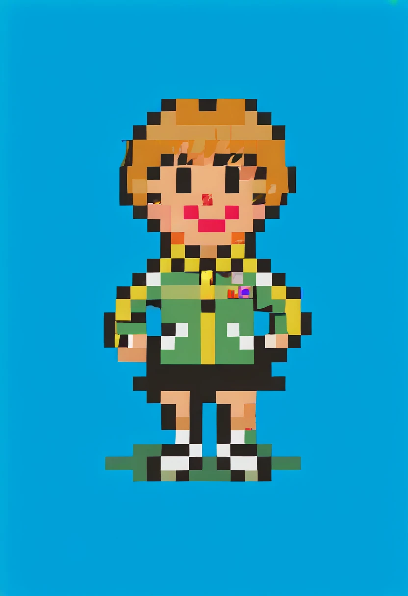 score_9, score_8_up, score_7_up, source_anime, 1girl, smile, <lora:EarthboundSpriteStyle-pdxl:1> pixel art, full body, standing, chibi, looking at viewer, blue background, <lora:zs_ChieXL:1> chiedef, brown hair, short hair, brown eyes, track jacket, skirt, houndstooth, black shorts, white footwear