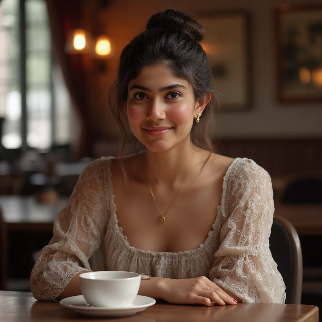 Sai_pallavi is aged about 30 years, hair tied in a bun, looking at the viewer with a smile.
She's sitting in a cozy coffee shop with a coffee in a cup on front of her. She's wearing a designer top and skirt 