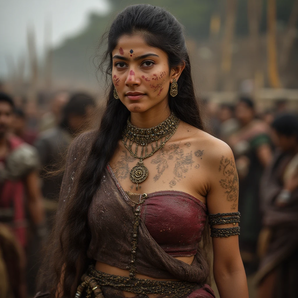 Sai_pallavi is aged about 30 years, sexy midriff, looking at the viewer,
She's in the foreground looking like a true warrior with marks on her body. She's wearing heavy princess armor.