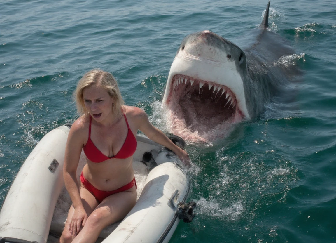 Seen from above, a cinematic film still from a beach action movie. A blonde woman in a red bikini is sitting in a small inflatable boat at sea, with her hair slightly tousled by the wind. The water around the boat is calm, with subtle waves reflecting the sunlight. Next to the boat, a giant great white shark emerges from the water, its massive jaws open wide, displaying sharp, menacing teeth. The scene is tense and dramatic, with the woman looking shocked and the shark appearing as a looming threat. The lighting is bright and natural, emphasizing the contrast between the vivid red of the bikini and the deep blue of the ocean. High contrast, cinematic framing, wide-angle shot, suspenseful atmosphere.
