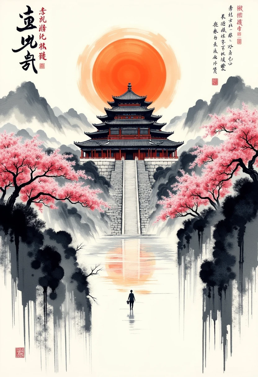 <lora:calligraphy_ink:1> monochrome Chinese text and smudged and faded ink brush style, a massive grand Chinese temple  in a faded smudged brush strokes calligraphy ink style,with a rising sun and sakura tress and Chinese text in background