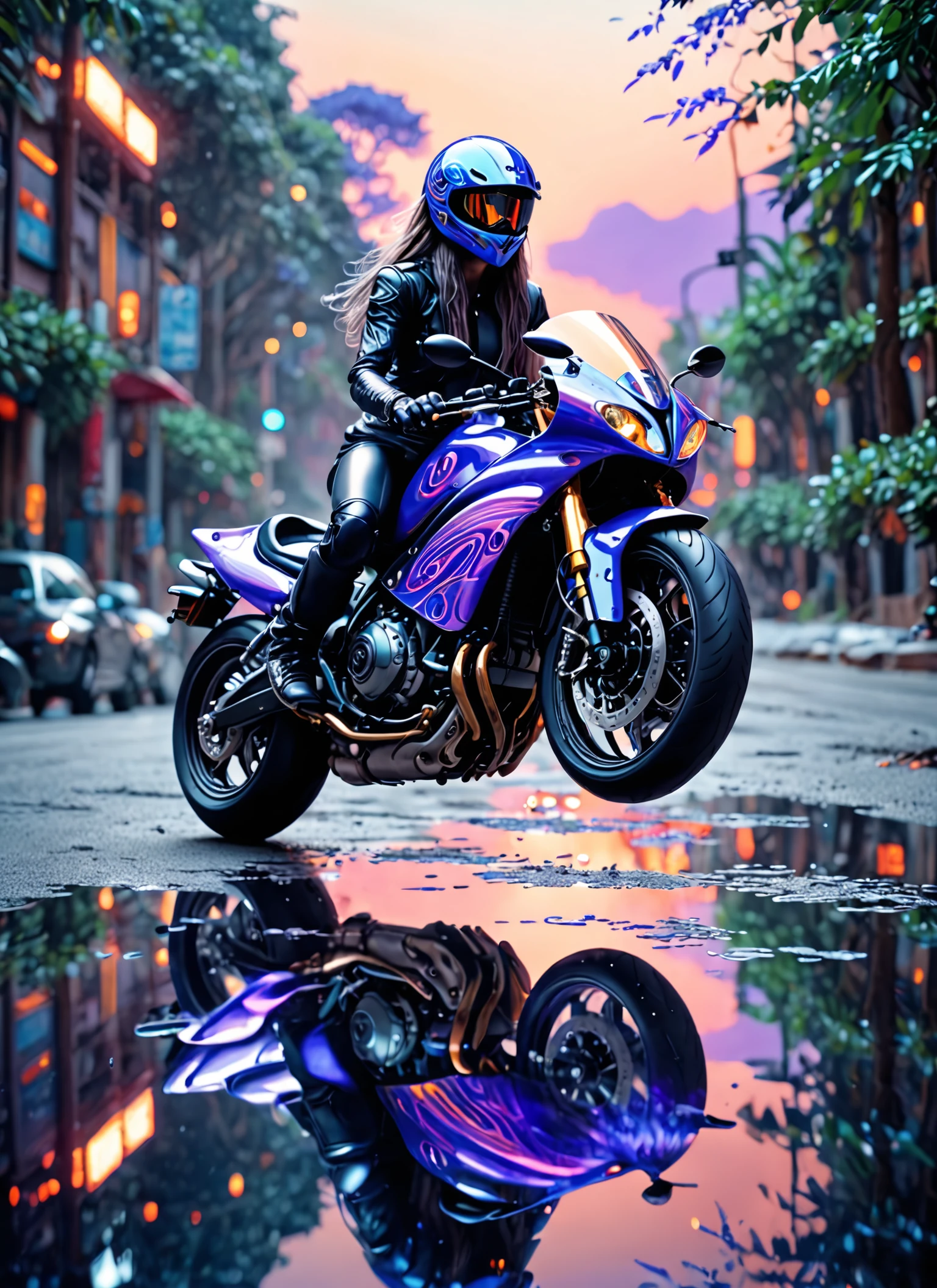 DMT Art Style, cinematic photo (Periwinkle color ftsbk motorbike:1.2), Gray long hair, reflection, Holographic Art Installations background <lora:Futuristic Motorcycle Generator Concept v4.03-000008:1> . 35mm photograph, film, bokeh, professional, 4k, highly detailed, bright colors, surreal visuals, swirling patterns, DMT art style <lora:Futuristic Superbike XL:1>