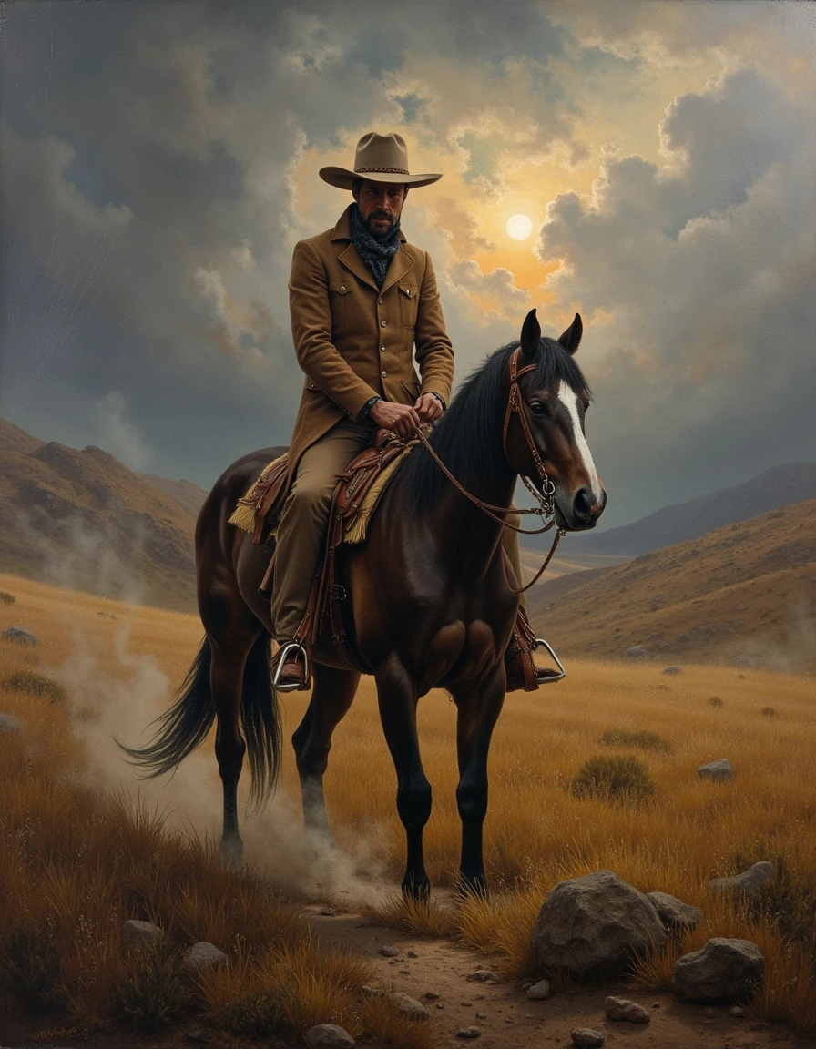 An atmospheric painting of a Cowboy