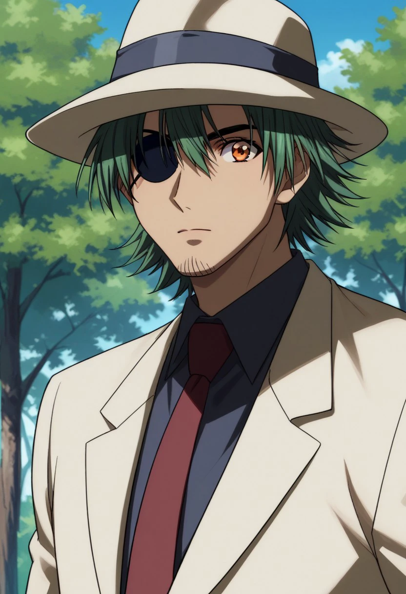 score_9, score_8_up, score_7_up, source_anime, highly detailed, 
sven, 1boy, male focus, solo, hat, necktie, facial hair, white headwear, shirt, suit, formal, upper body,brown eyes, eyepatch, green hair, jacket, outdoors, tree, white jacket, black shirt, red necktie, collared shirt, looking at viewer, day, white suit,