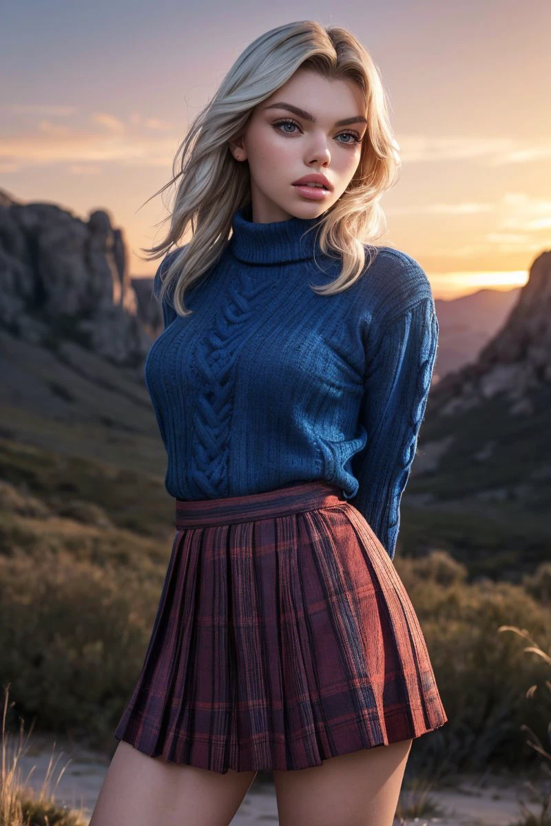 photo of S513_AshbyWinter,a beautiful woman,in a (national park:1.1),wearing a (blue sweater),(plaid skirt),sunset,(4k, RAW photo, best quality, 50mm, depth of field, ultra high res:1.1),(intricate, photorealistic, cinematic-shot, masterpiece, ultra-detailed:1.1),