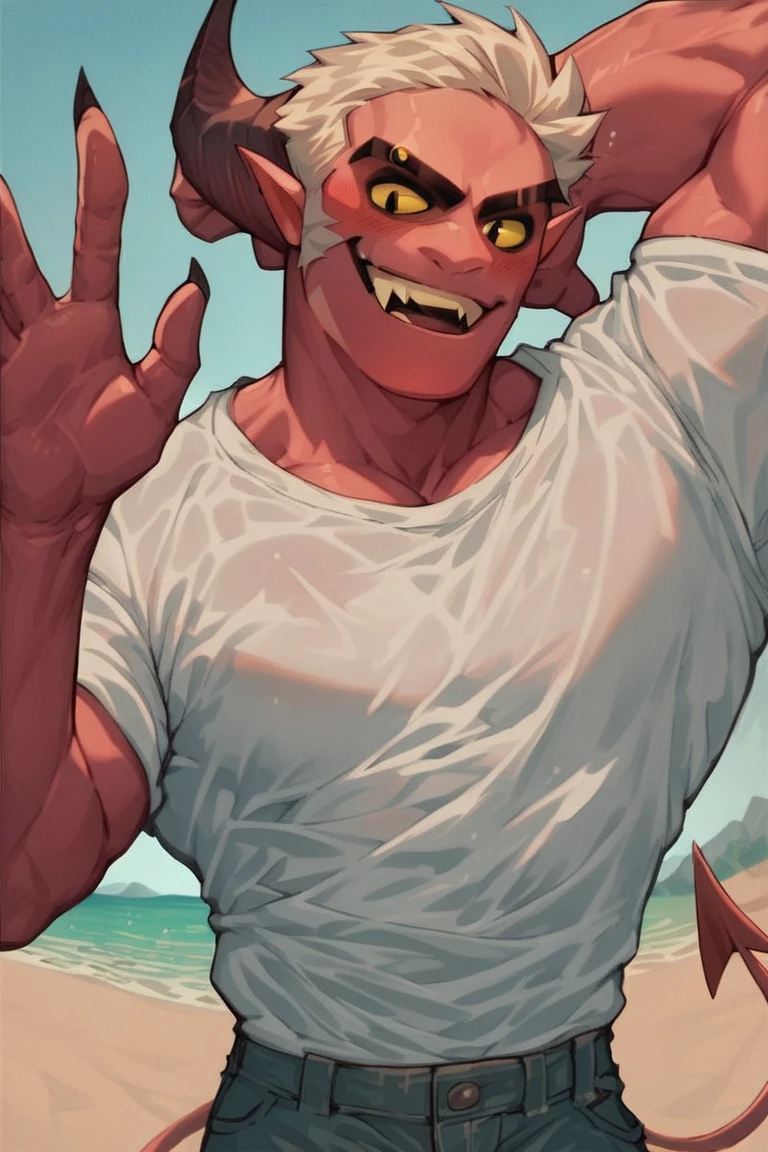 score_9, score_8_up, score_7_up, score_6_up, source_anime, solo, digital art, Jesse, demon, imp, red skin, muscular male, bright sky, bright colors sunny sand beach, hot summer day, detailed background, wearing a tropic shirt, waving hand, happy