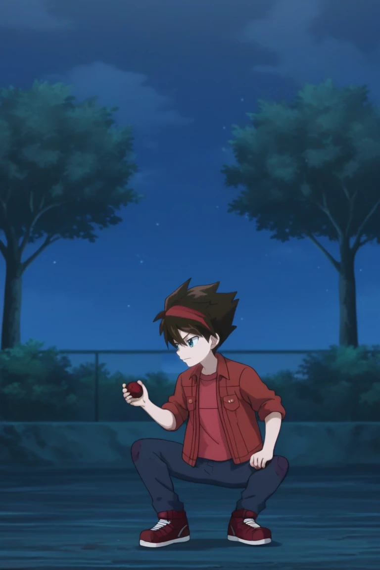 score_9, score_8_up, score_7_up, score_6_up, masterpiece, best quality, amazing quality, best aesthetic, absurdres, intricate details,
dan kouzo, brown hair, blue eyes, red jacket, red shirt, solo, poke ball, jacket, 1boy, night, male focus, pants, holding poke ball, outdoors, holding, parody, shoes, poke ball (basic), jeans, shirt, sky, denim, tree, bush, night sky, sneakers, short hair, blue pants, red shoes, red hair, multicolored hair<lora:EMS-469422-EMS:1.000000>